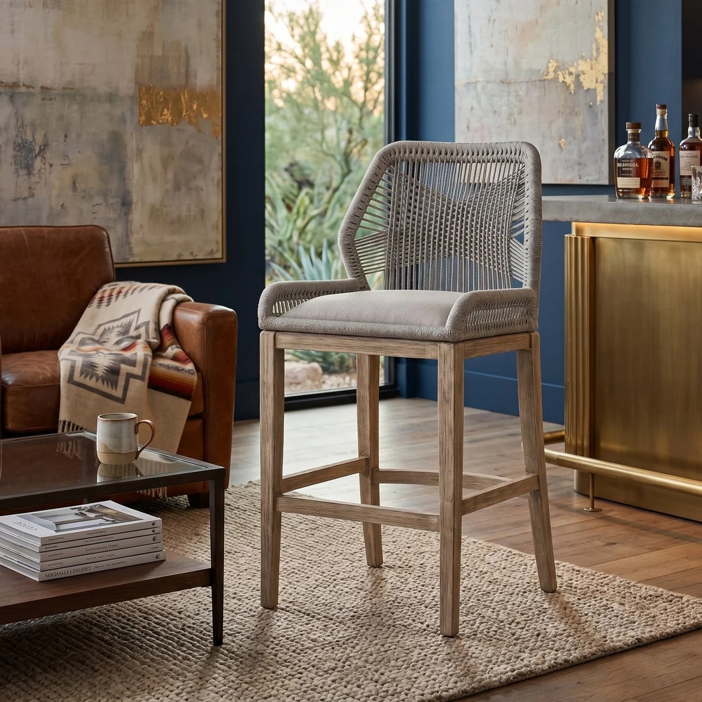 Luxury Upholstered Modern Woven Rope Bar Stool European Style for Villa