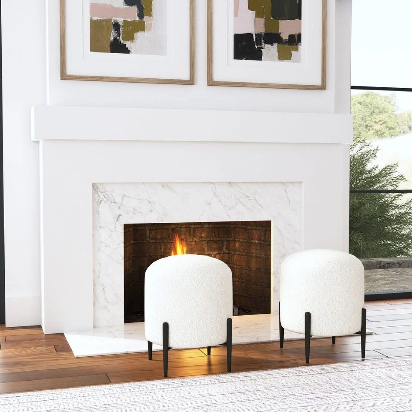 Luxury Upholstered White Shearling Ottoman European Style for Villa