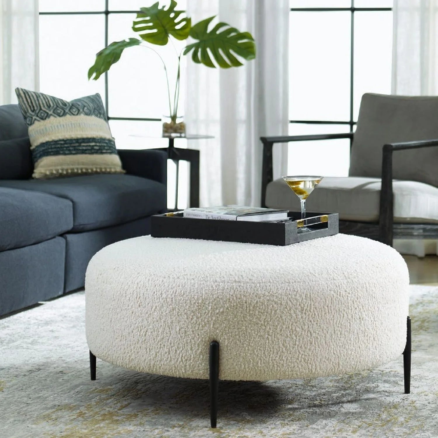 Luxury Upholstered White Shearling Ottoman European Style for Villa