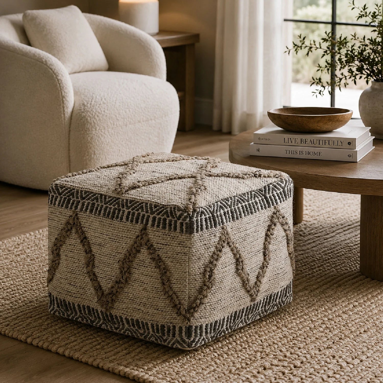 Luxury Upholstered Woven Fabric Ottoman European Style for Villa