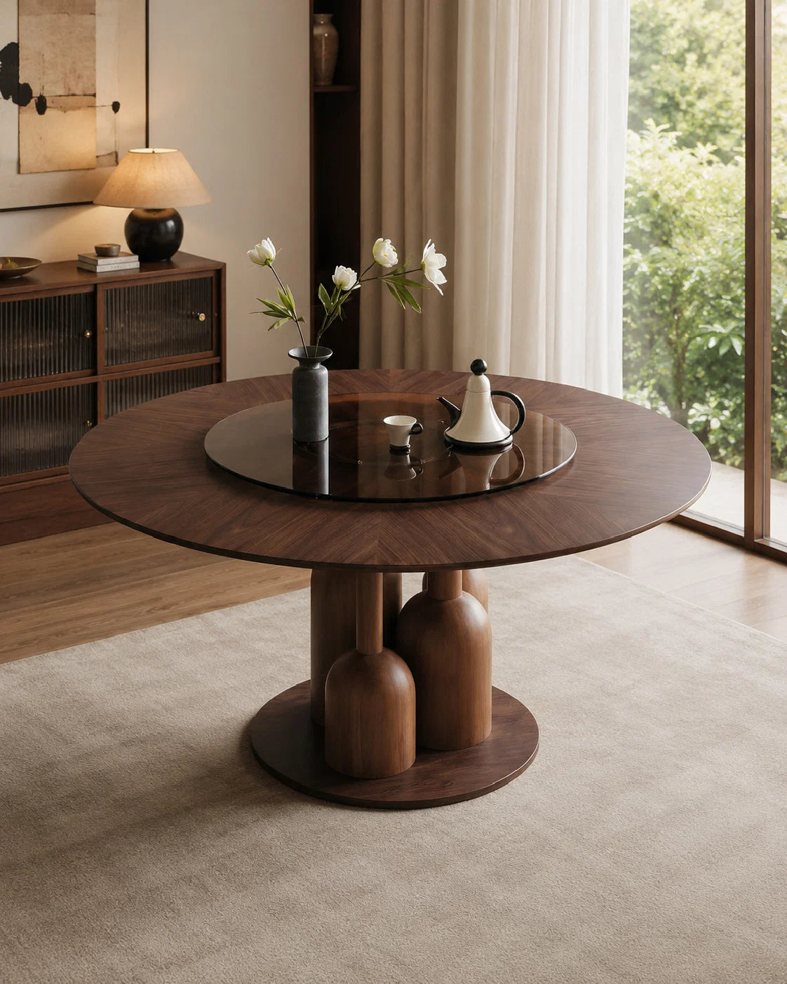 Luxury Wabi-Sabi Walnut Glass Round Dining Table Modern Italian Style for Villa
