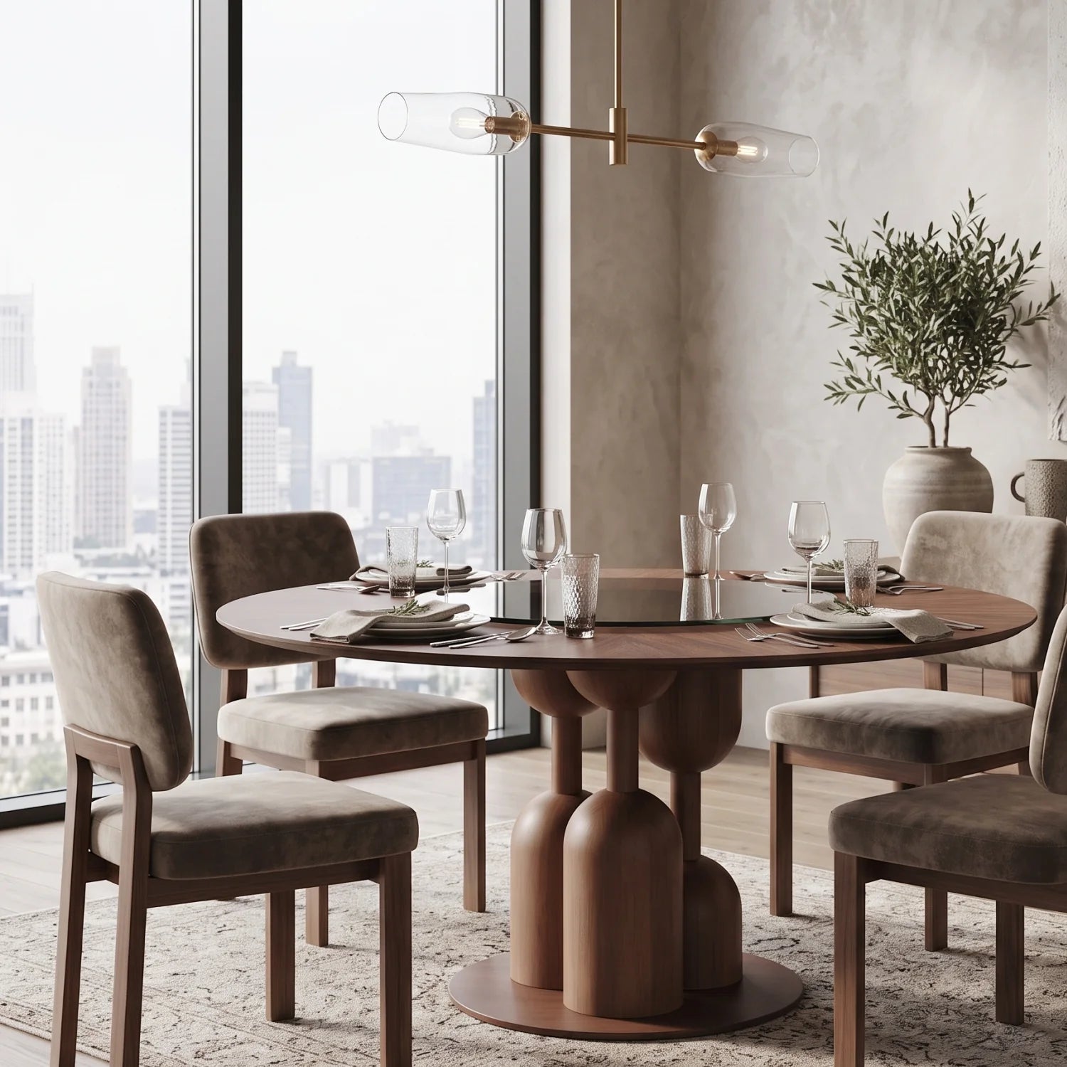 Luxury Wabi-Sabi Walnut Glass Round Dining Table Modern Italian Style for Villa