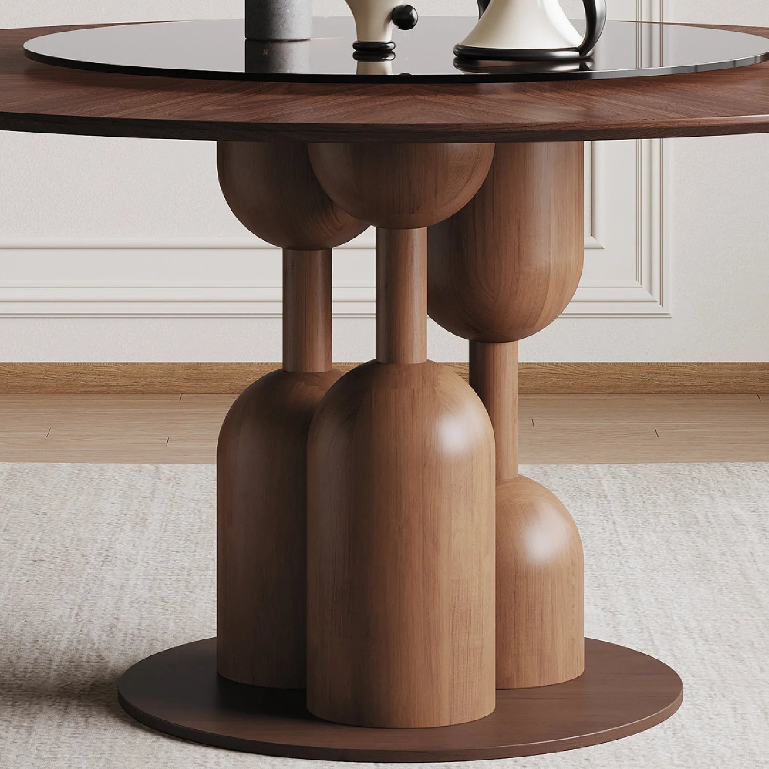 Luxury Wabi-Sabi Walnut Glass Round Dining Table Modern Italian Style for Villa