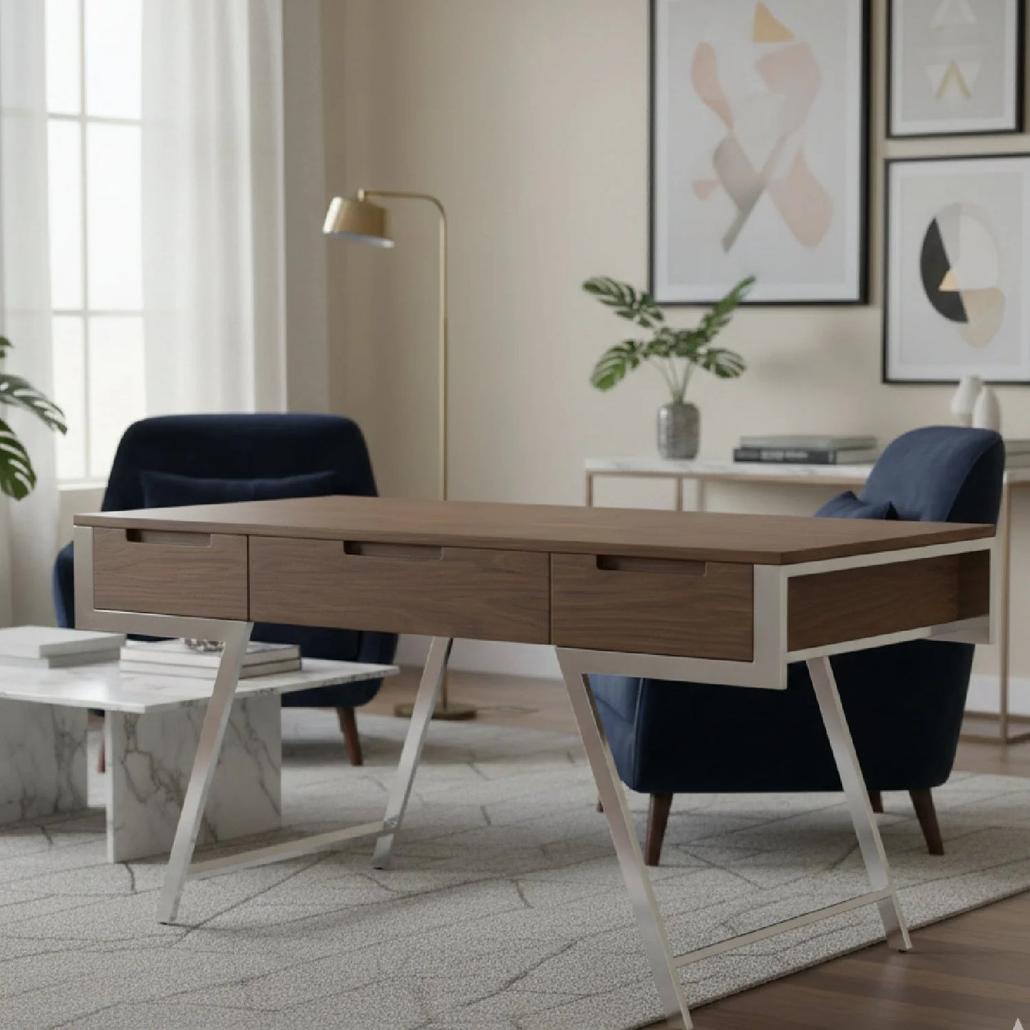 Luxury Walnut 3-Drawer Modern Desk European Style for Villa