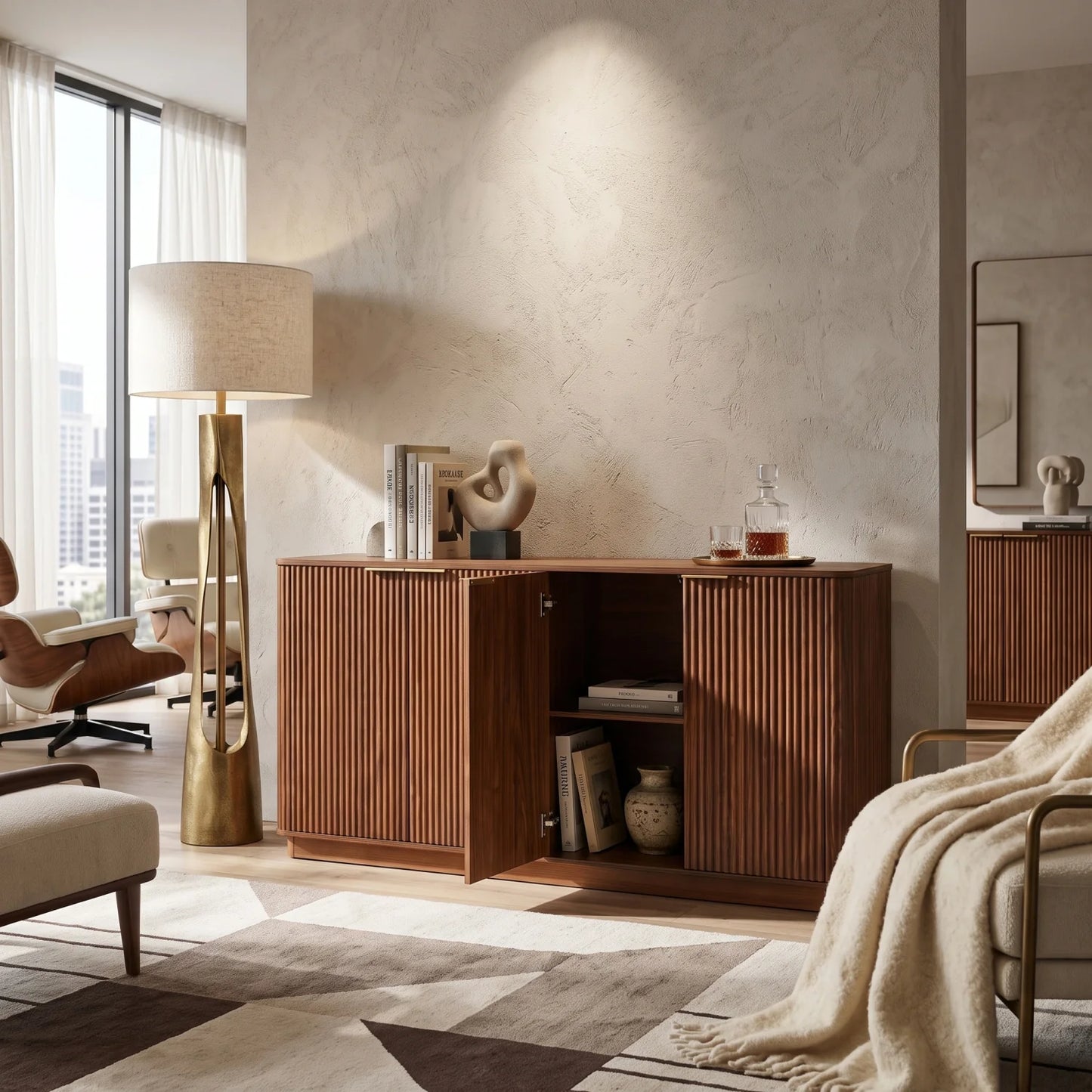 Luxury Walnut Curved Wave Sideboard European Style for Villa