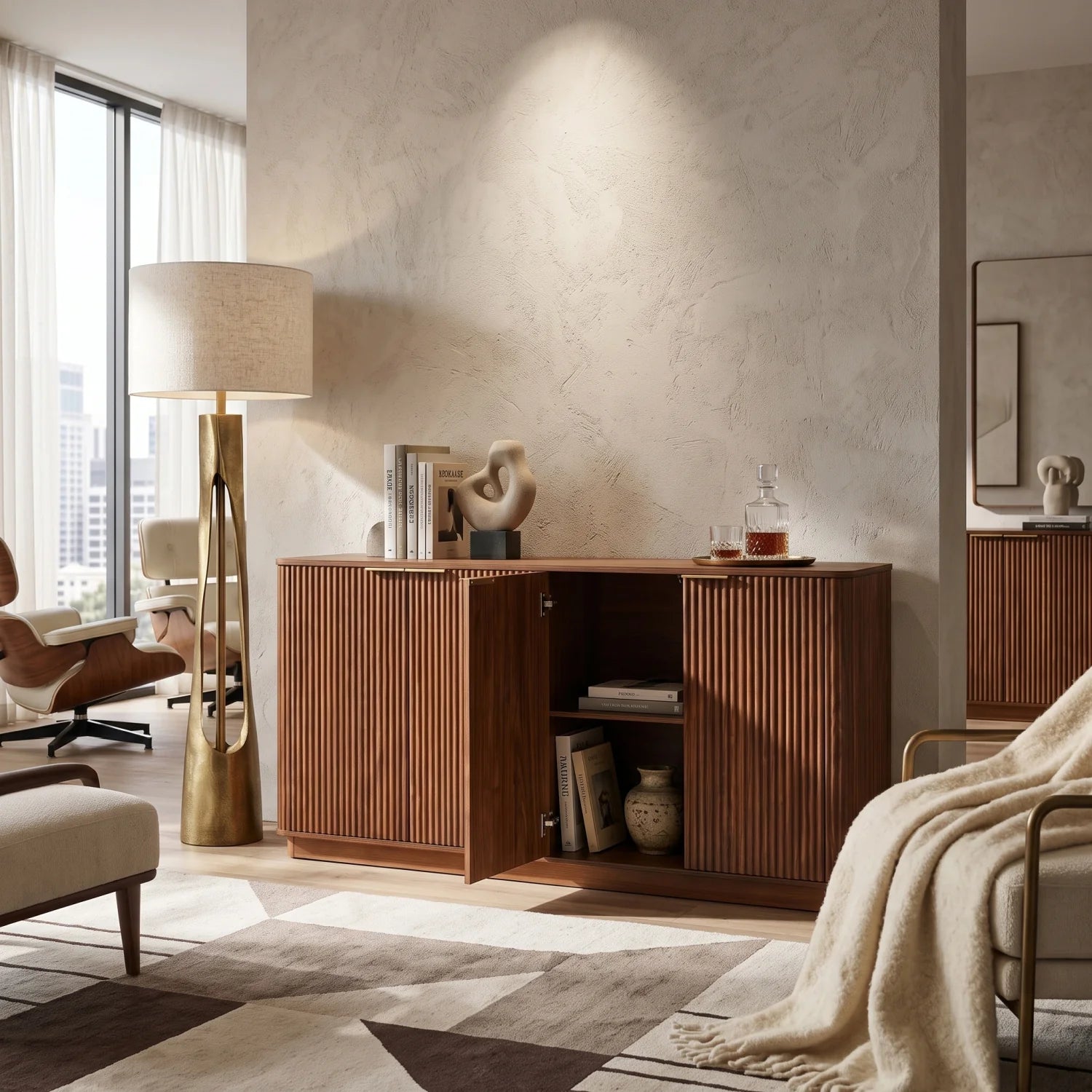 Luxury Walnut Curved Wave Sideboard European Style for Villa