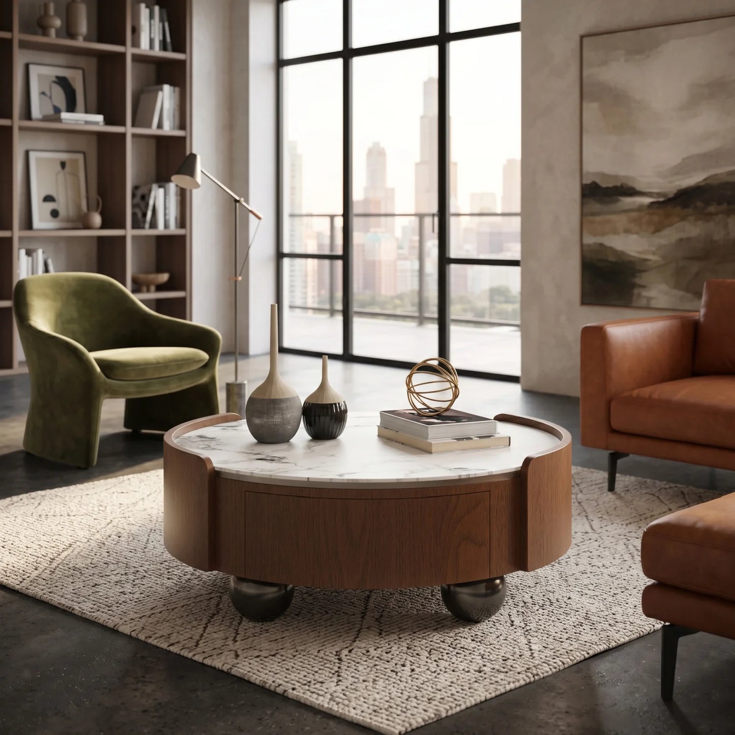 Luxury Walnut Stone Top Coffee Table Modern Italian Style for Villa