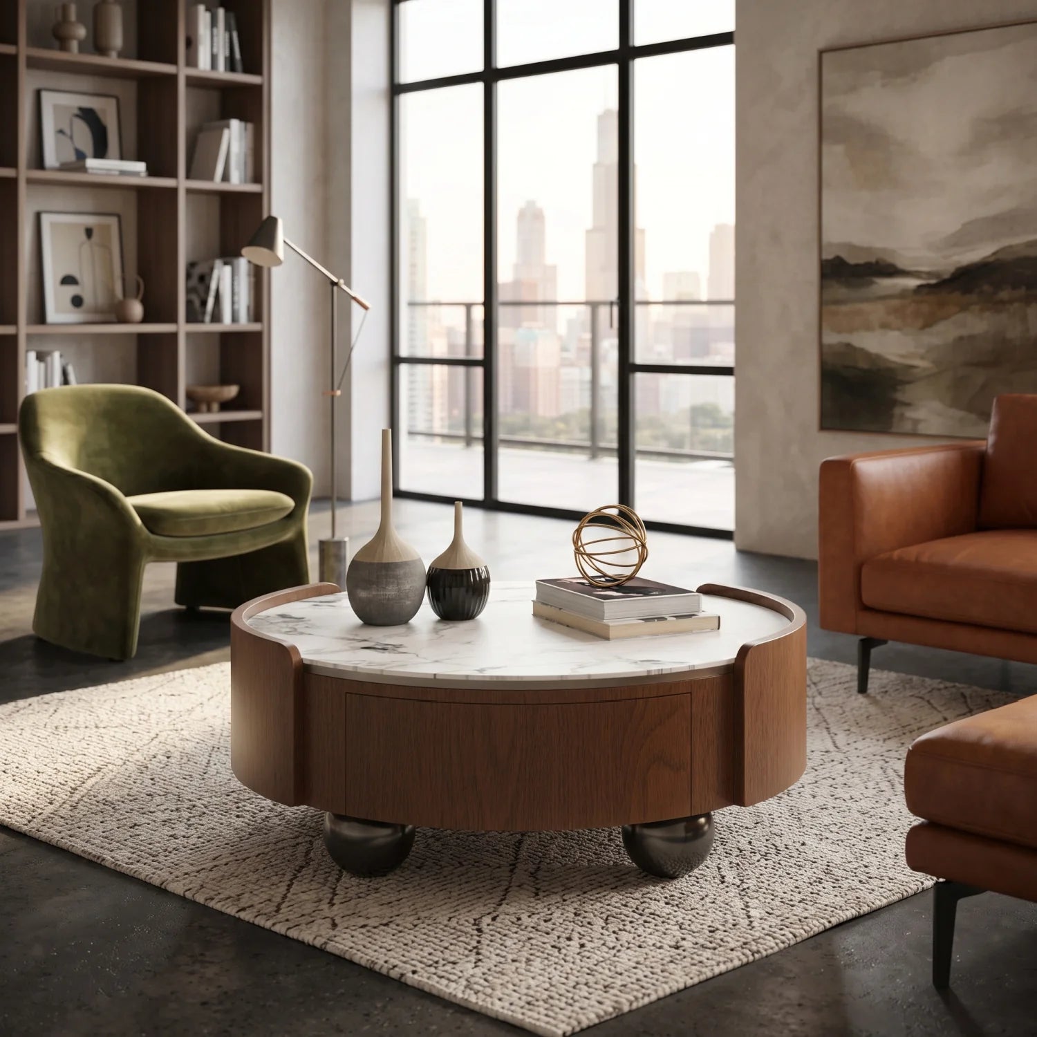 Luxury Walnut Stone Top Coffee Table Modern Italian Style for Villa