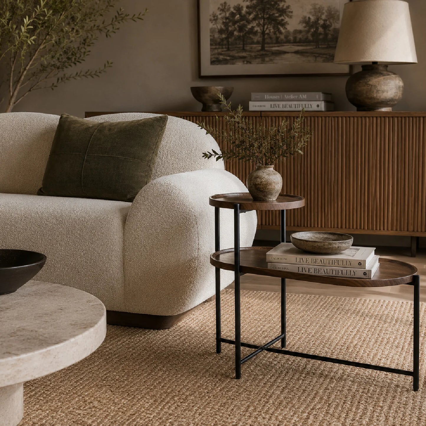 Luxury Walnut Tiered Oval Coffee Table Modern Italian Style for Villa