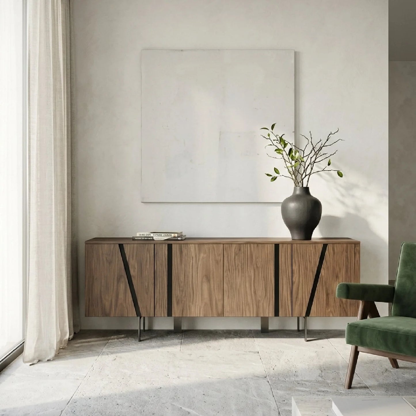 Luxury Walnut Veneer 4-Door Sideboard European Style for Villa