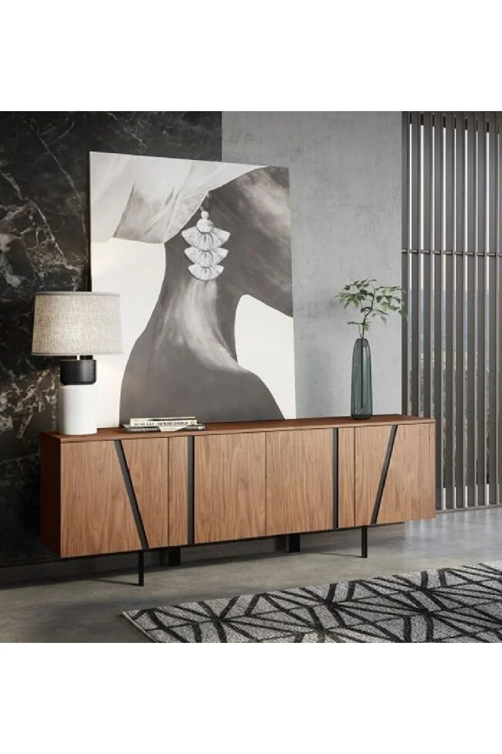 Luxury Walnut Veneer 4-Door Sideboard European Style for Villa