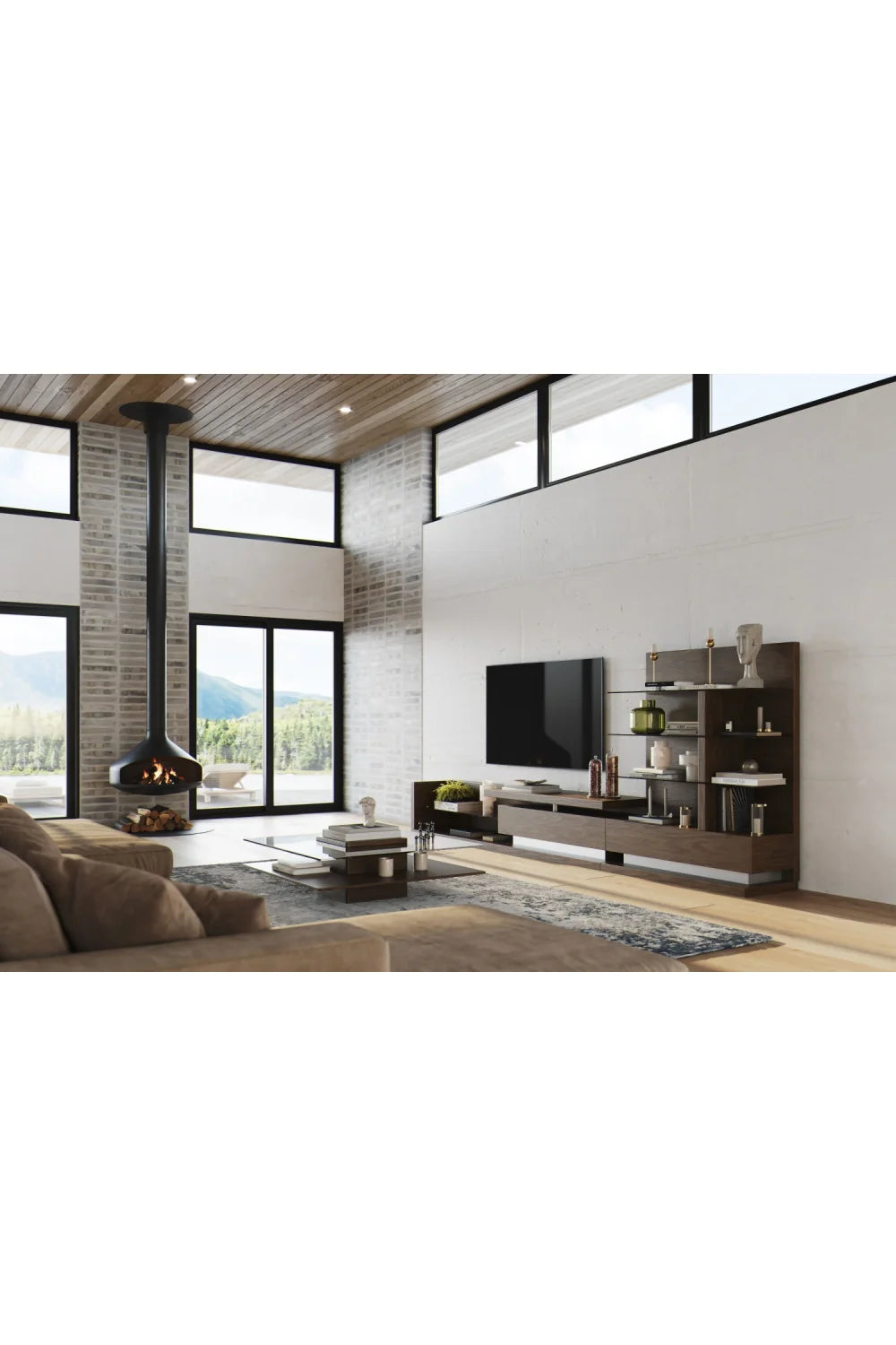 Luxury Walnut Veneer Entertainment Center Modern Italian Style for Villa
