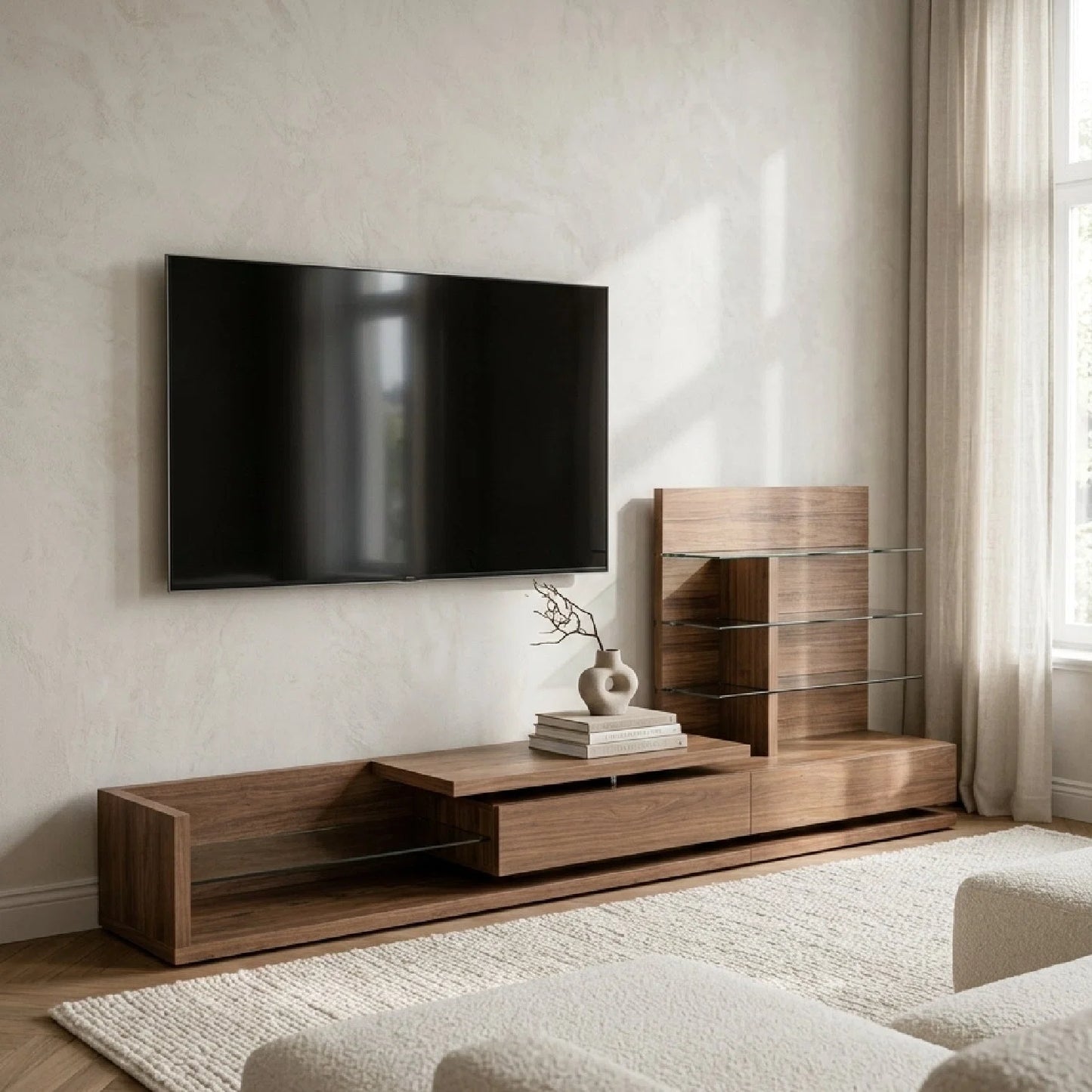 Luxury Walnut Veneer Entertainment Center Modern Italian Style for Villa