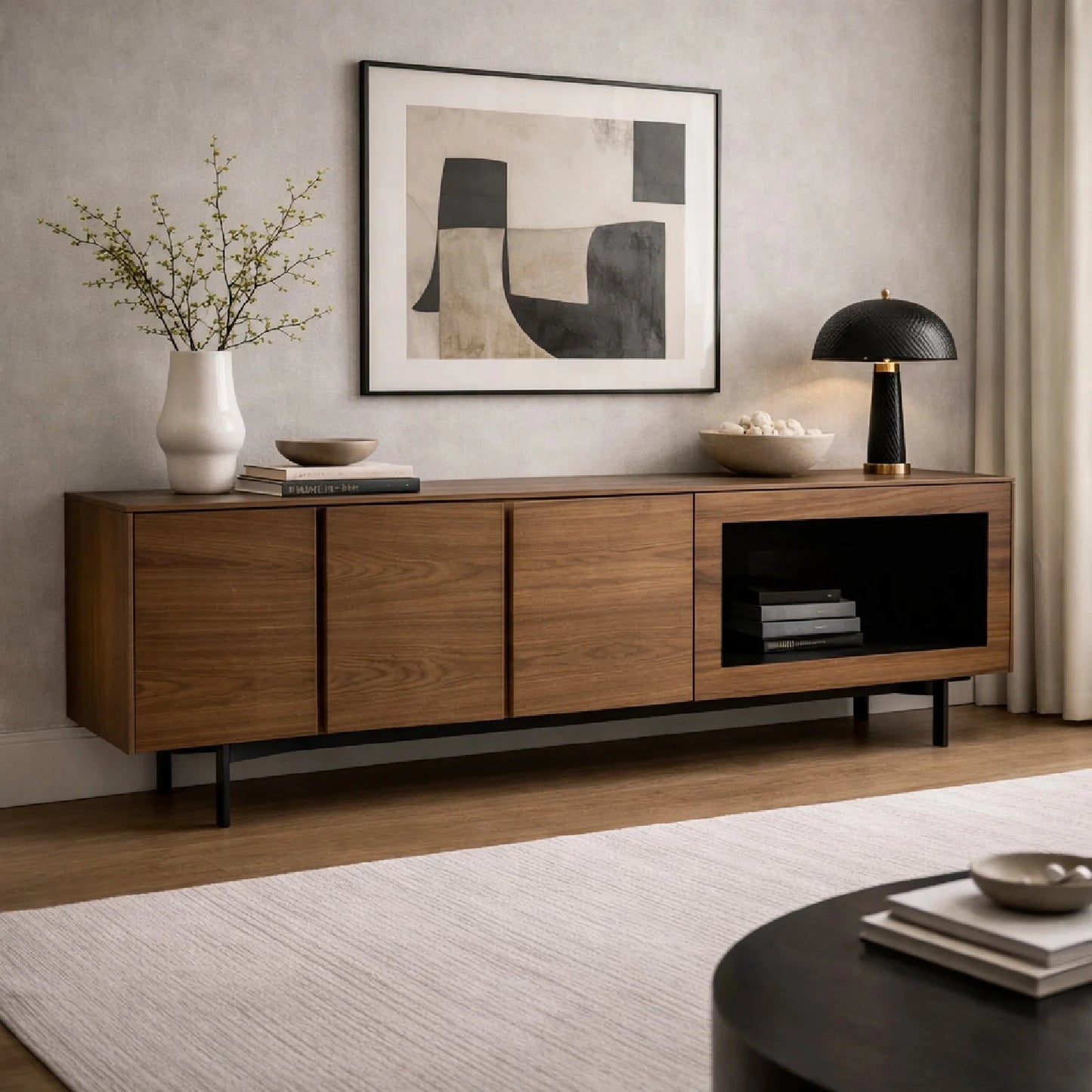 Luxury Walnut Veneer Sideboard European Style for Villa