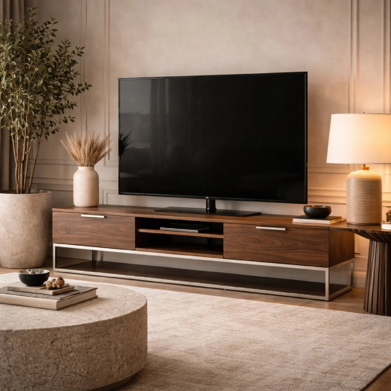 Luxury Walnut Veneer TV Stand Modern Italian Style for Villa