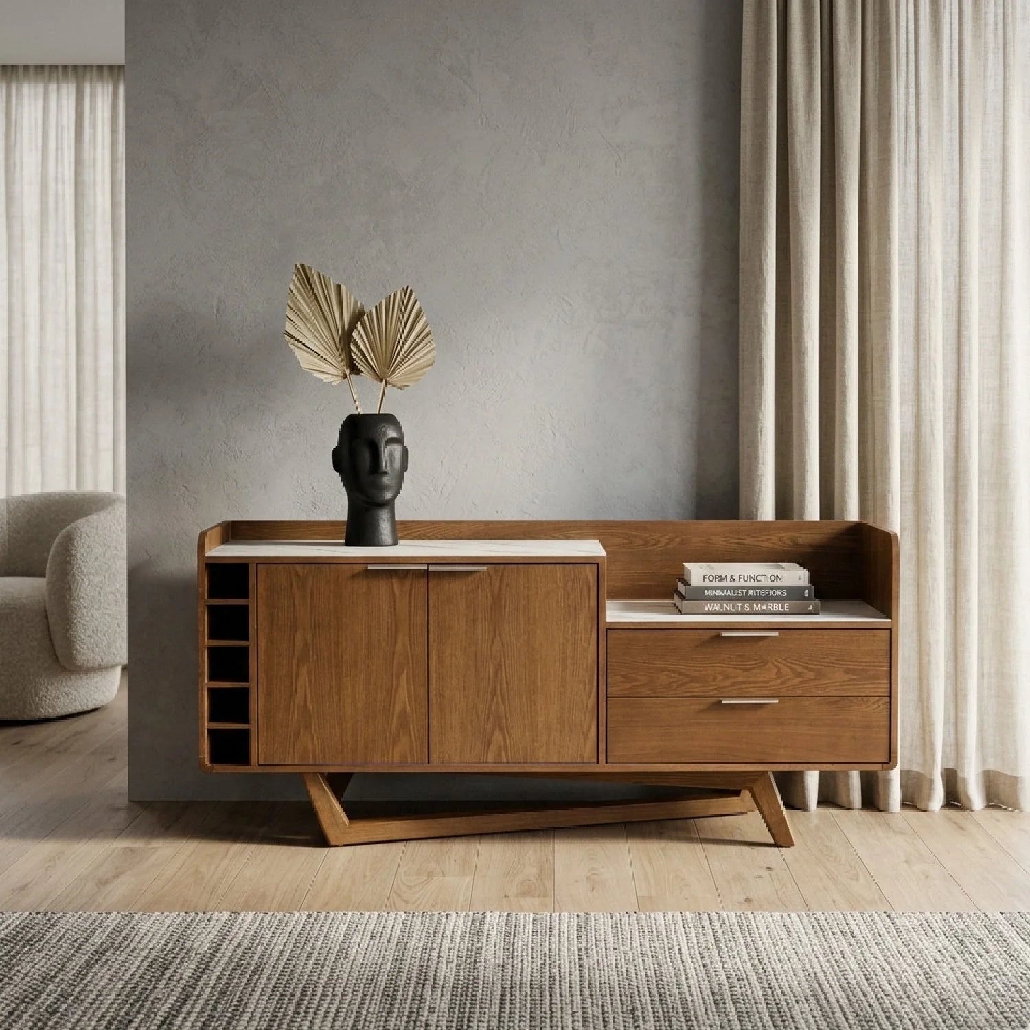 Luxury Walnut White Marble Top Sideboard European Style for Villa