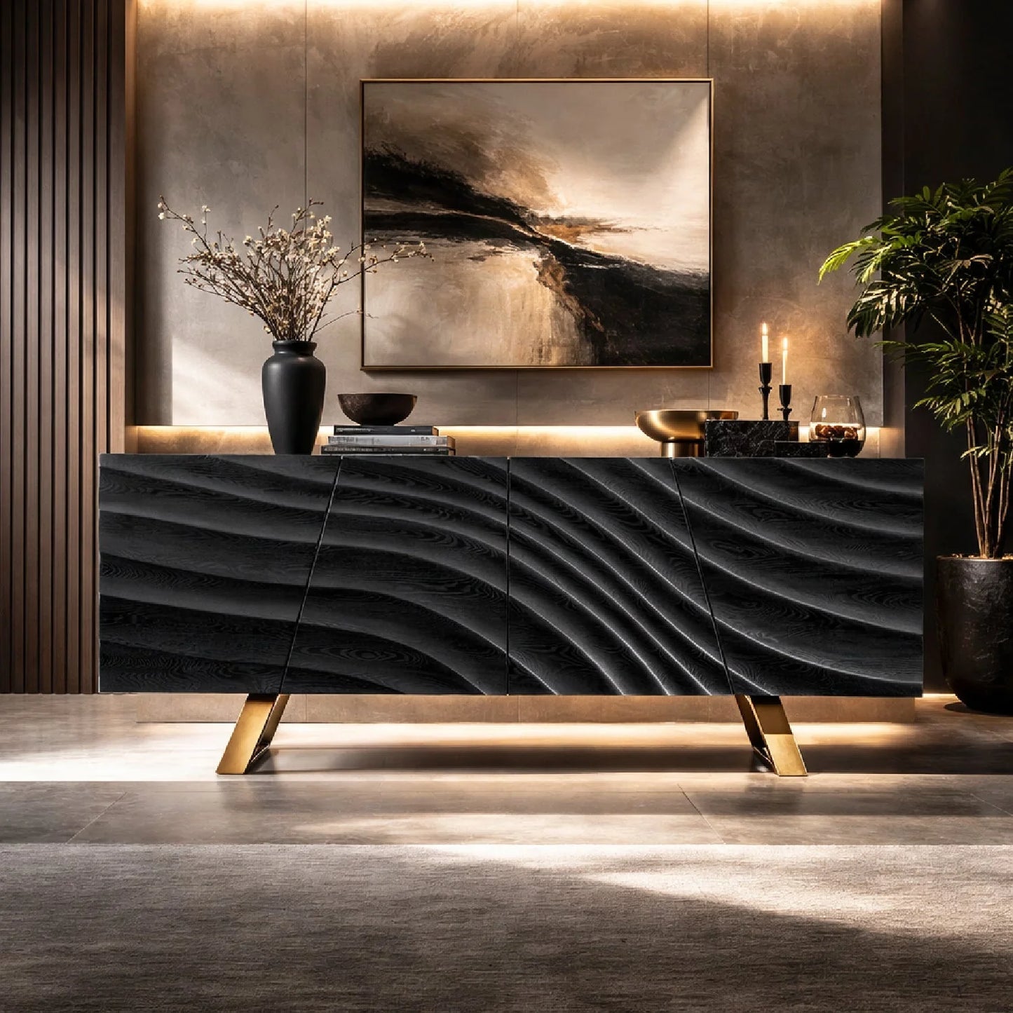 Luxury Wave Patterned Ash 4-Door Sideboard European Style for Villa