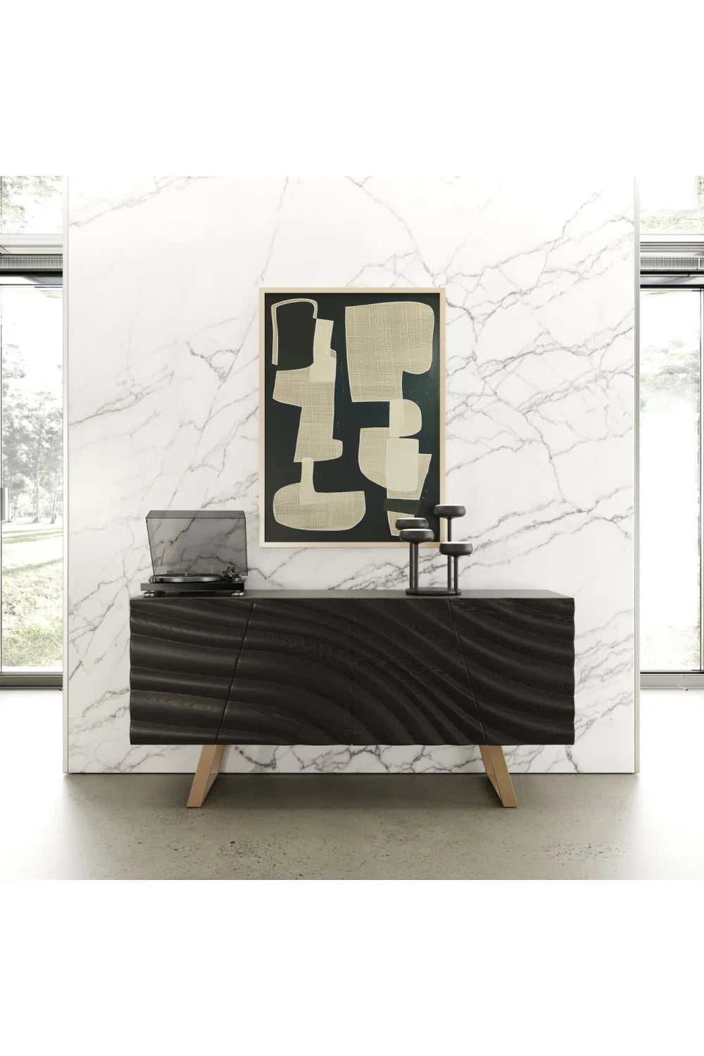 Luxury Wave Patterned Ash 4-Door Sideboard European Style for Villa