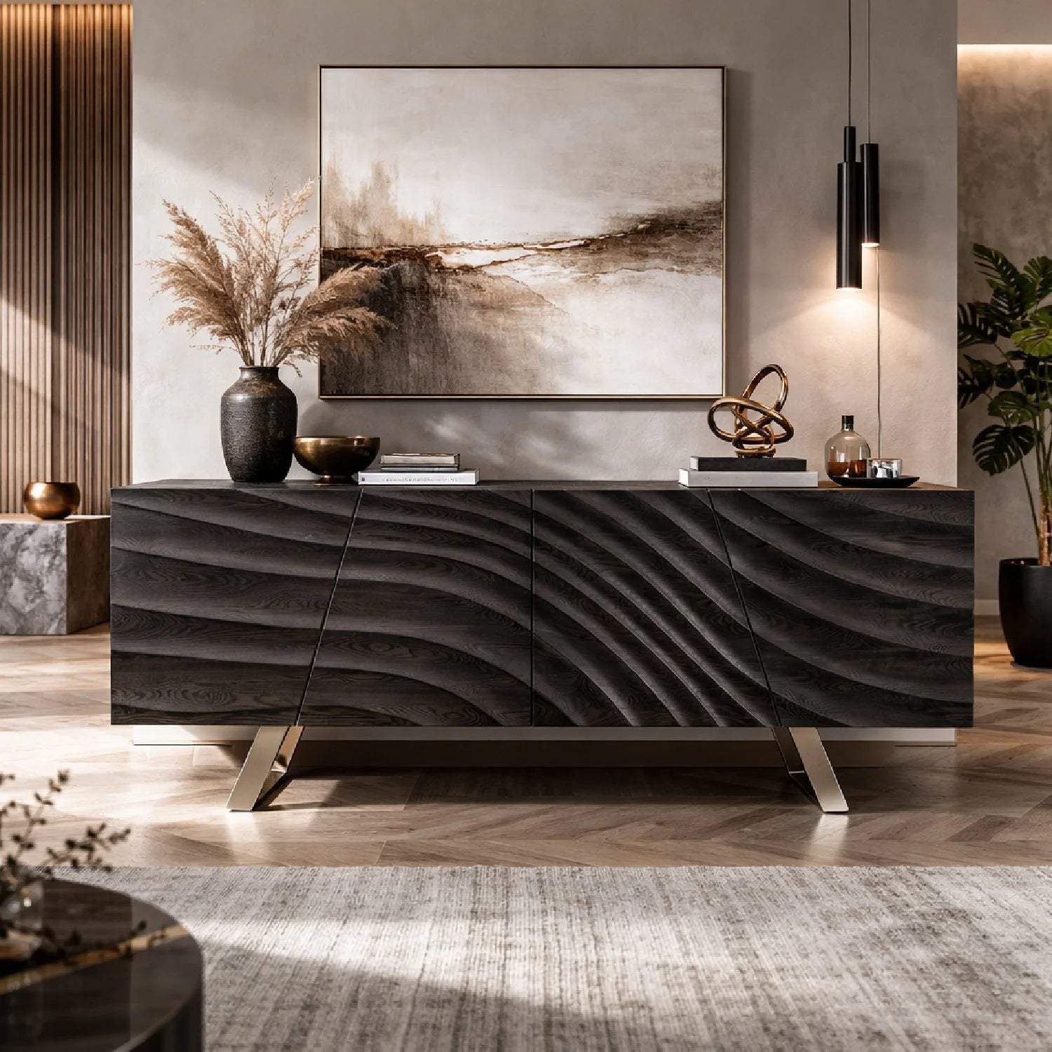 Luxury Wave Patterned Ash 4-Door Sideboard European Style for Villa
