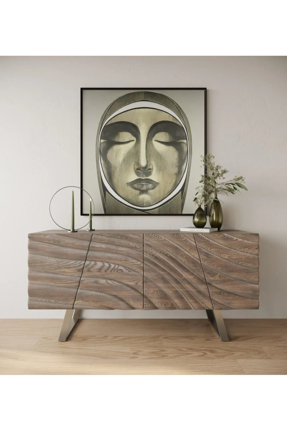 Luxury Wave Patterned Ash 4-Door Sideboard European Style for Villa