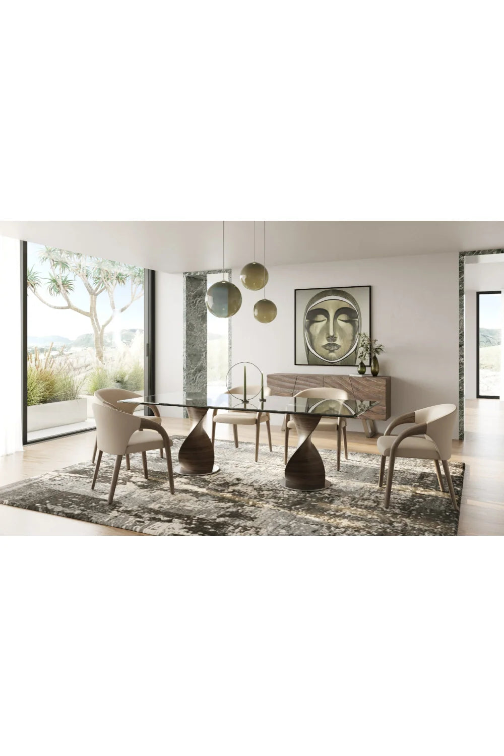 Luxury Wave Patterned Ash 4-Door Sideboard European Style for Villa