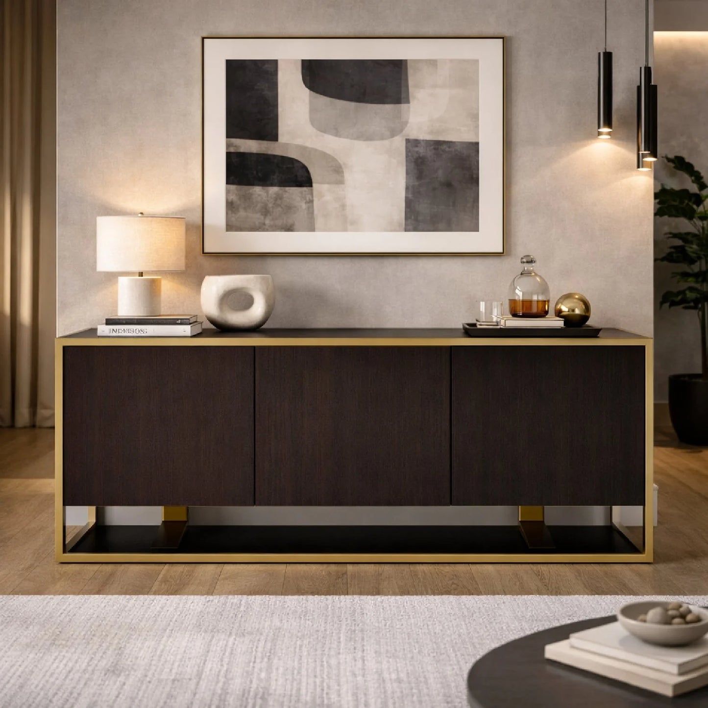 Luxury Wenge Veneer 3-Door Sideboard European Style for Villa