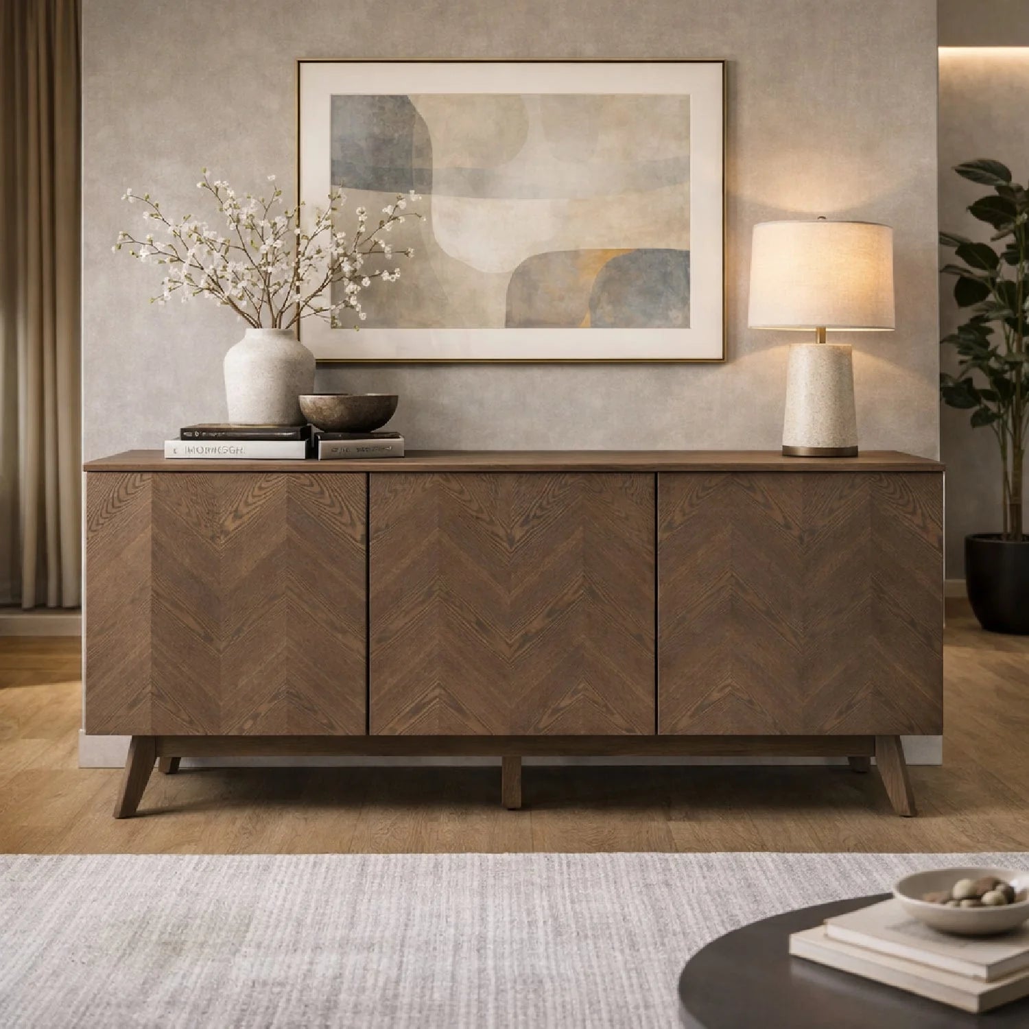 Luxury Wenge Veneer 3-Door Sideboard European Style for Villa