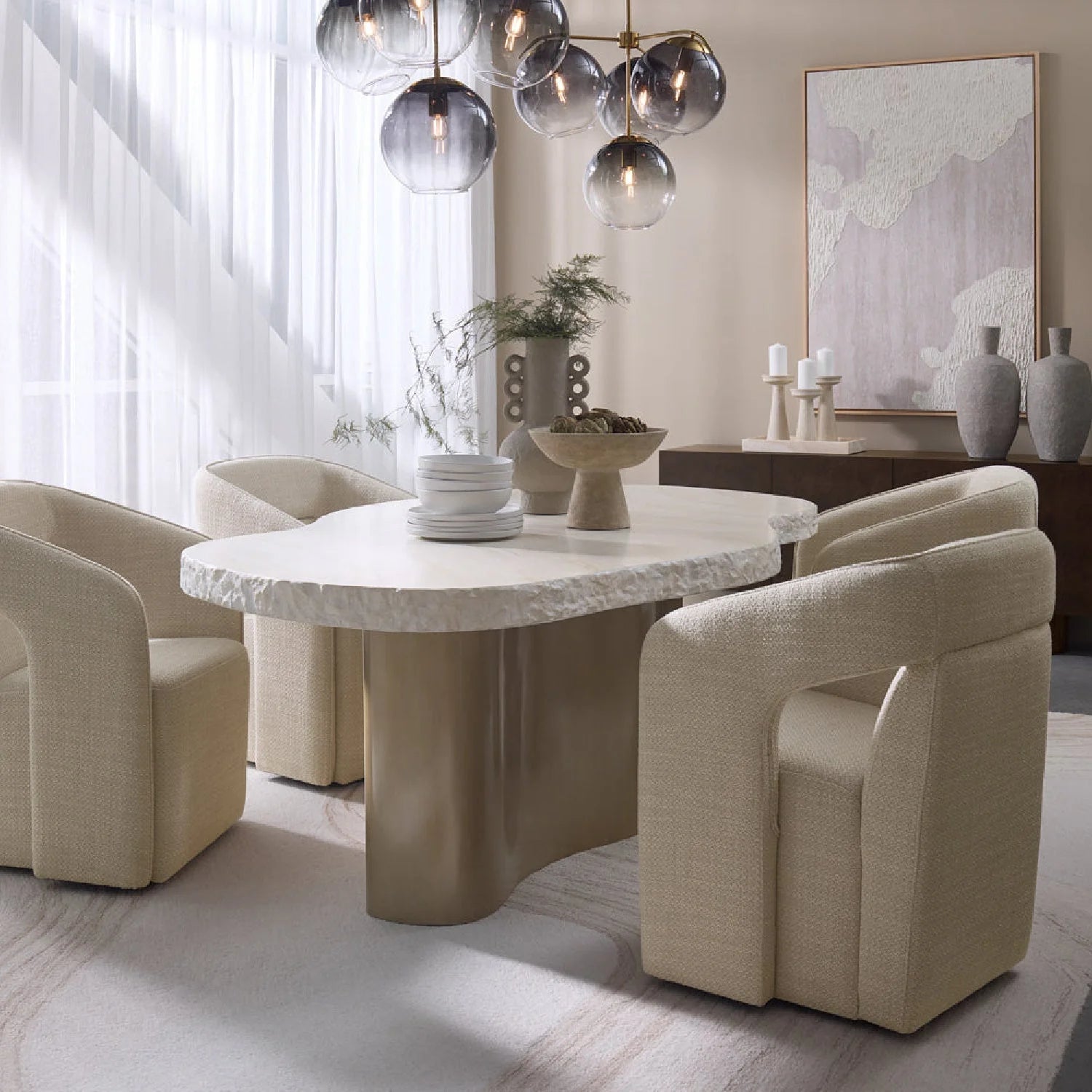 Luxury Wheeled Fabric Dining Armchair European Style for Villa