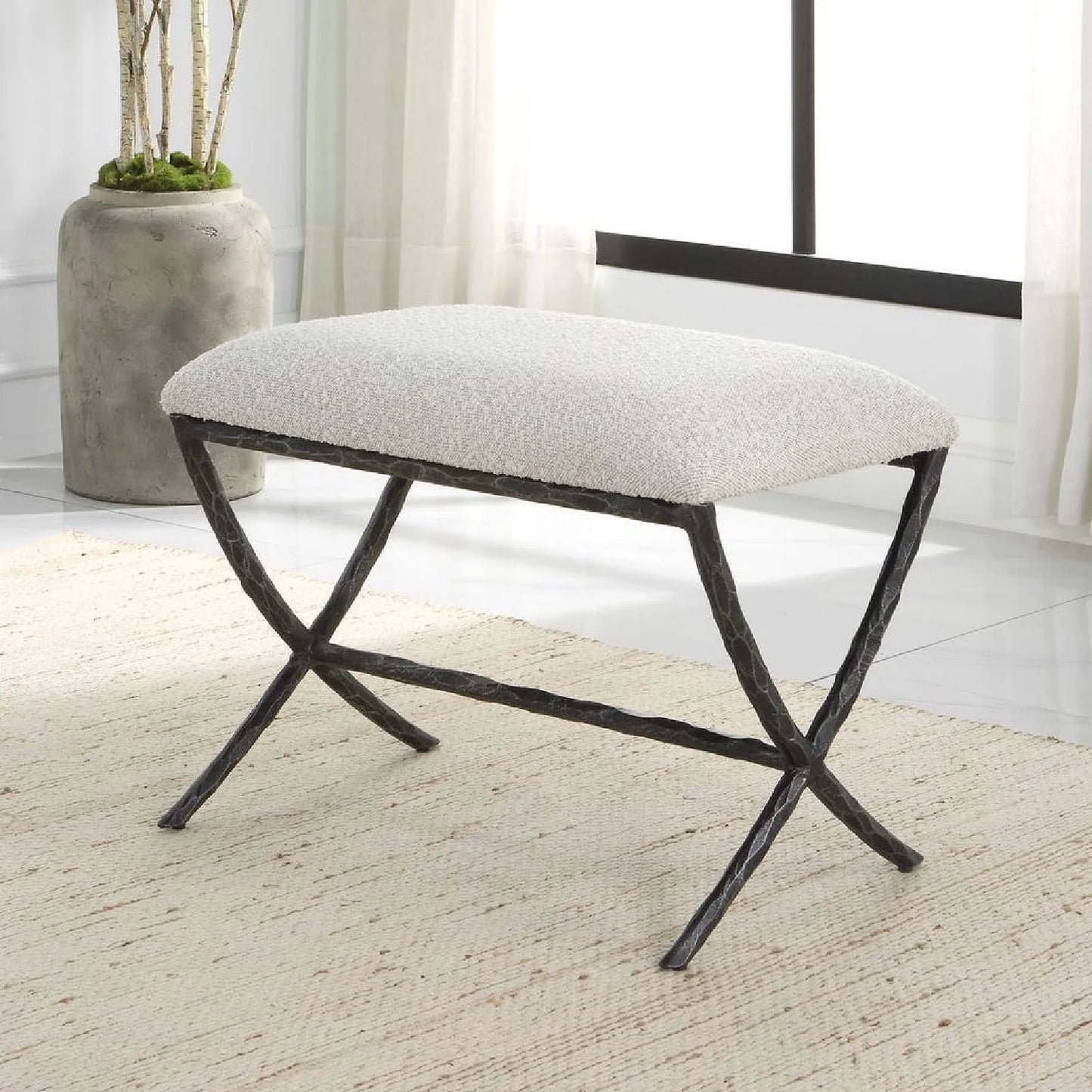 Luxury White Boucle Bench European Style for Villa