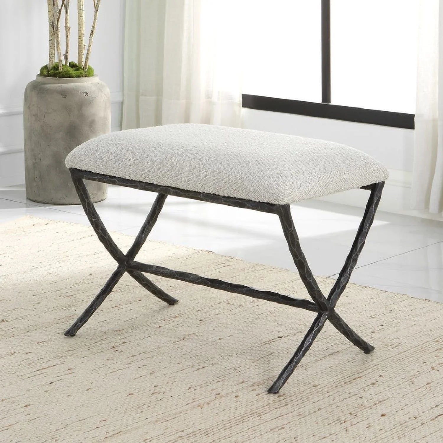 Luxury White Boucle Bench European Style for Villa