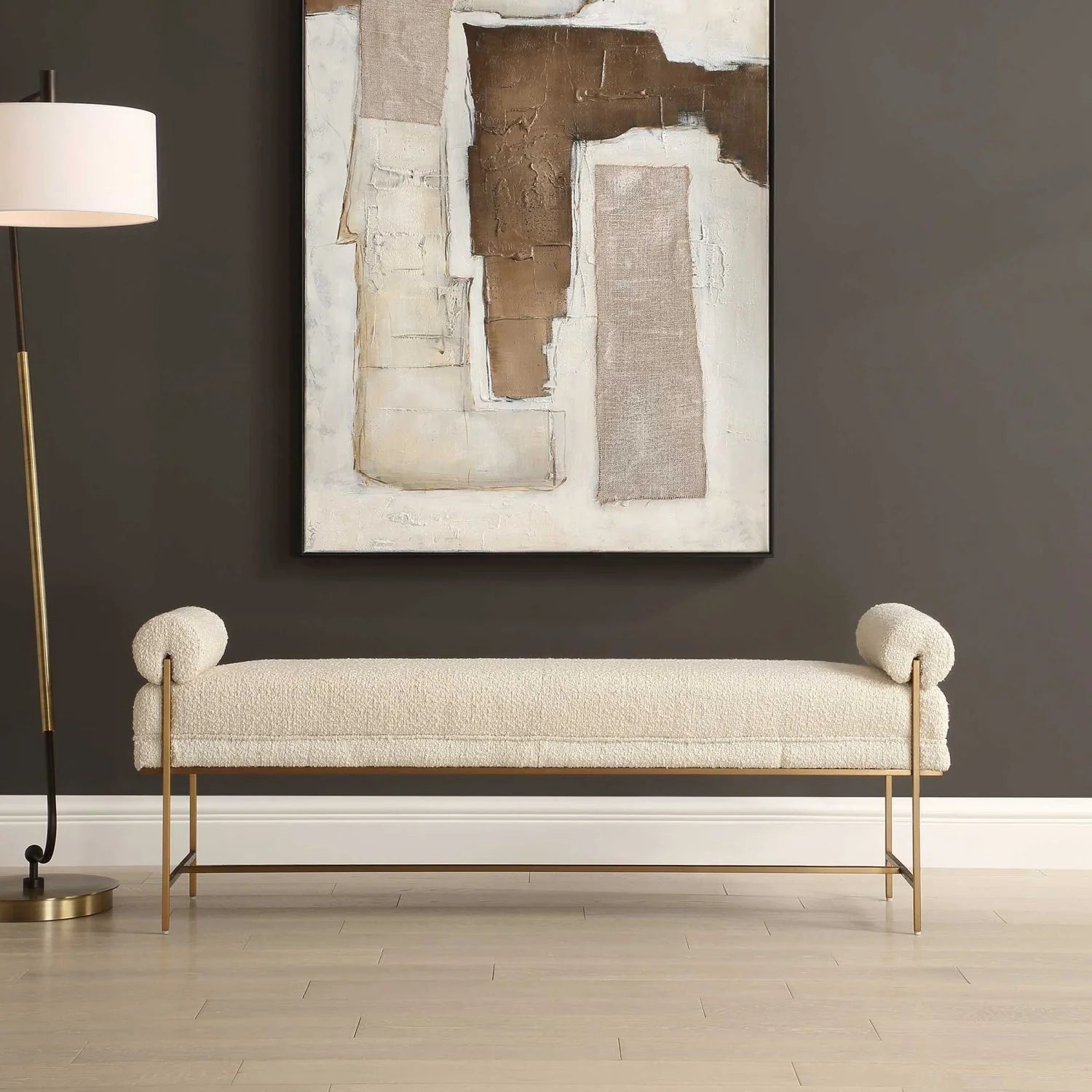 Luxury White Boucle Bench European Style for Villa