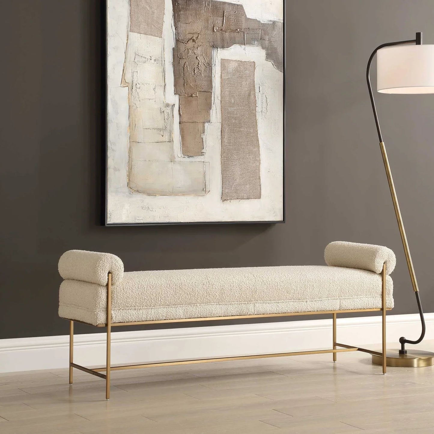 Luxury White Boucle Bench European Style for Villa