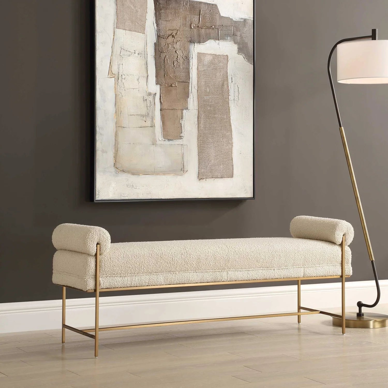 Luxury White Boucle Bench European Style for Villa