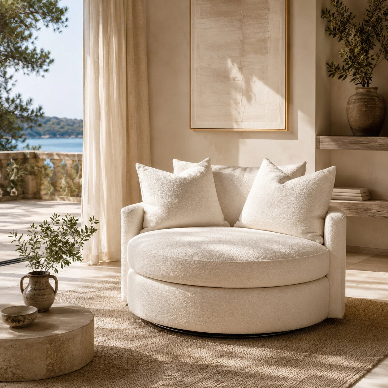 Luxury White Boucle Round Swivel Chair European Style for Villa