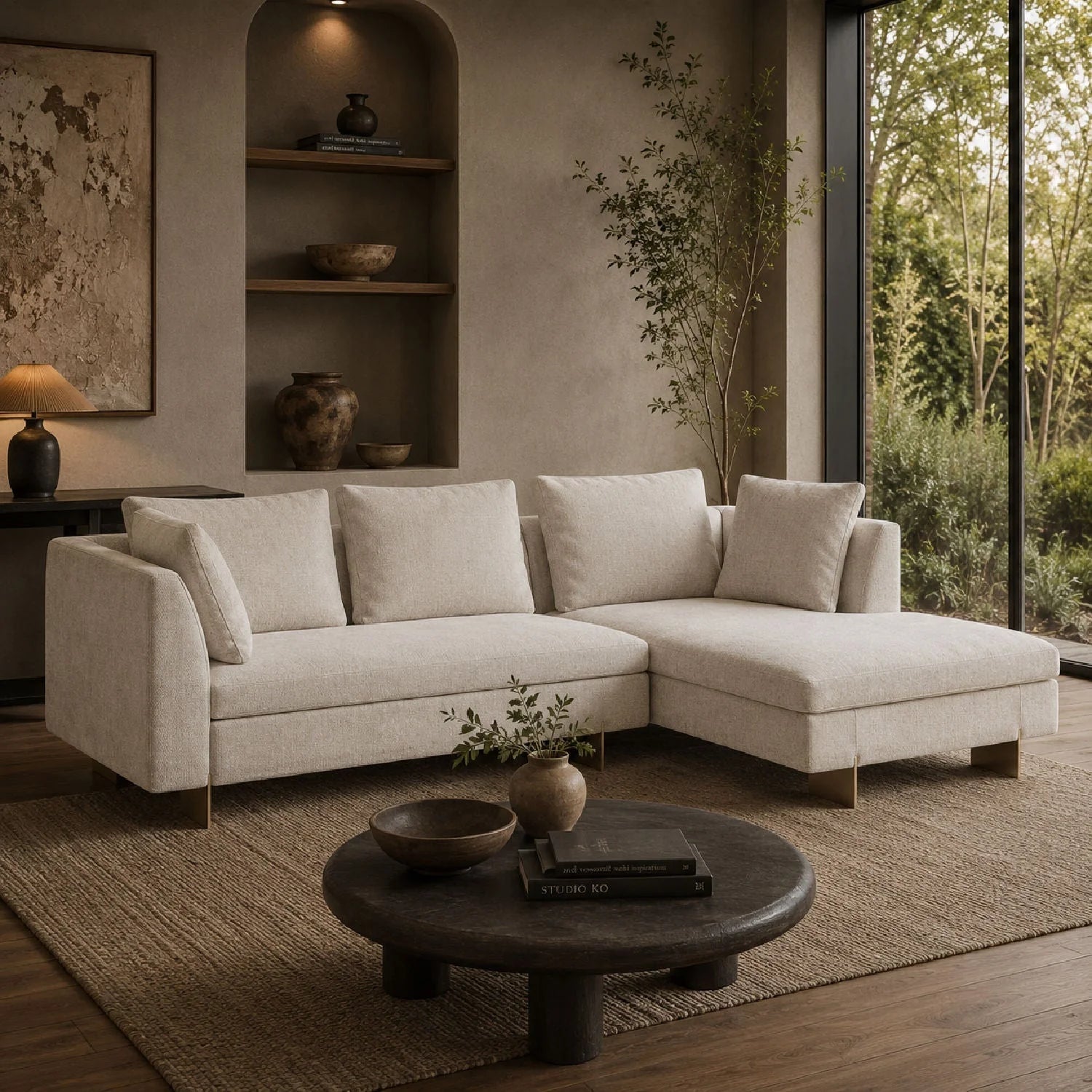 Luxury White Chenille Chaise Sectional Sofa Modern Italian Style for Villa