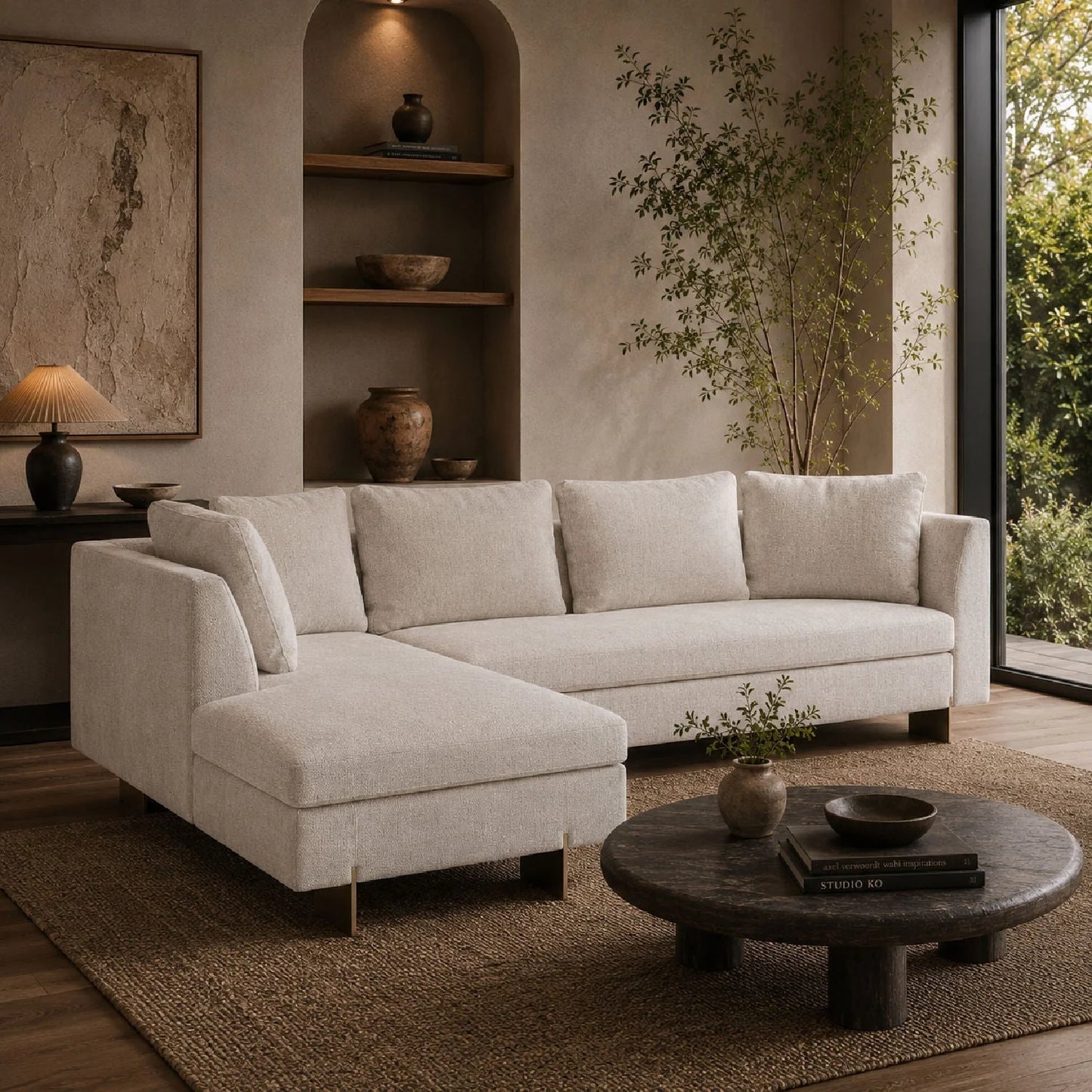 Luxury White Chenille Chaise Sectional Sofa Modern Italian Style for Villa