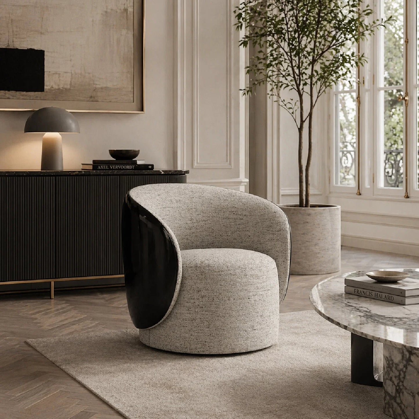 Luxury White Chenille Swivel Chair Modern Italian Style for Villa