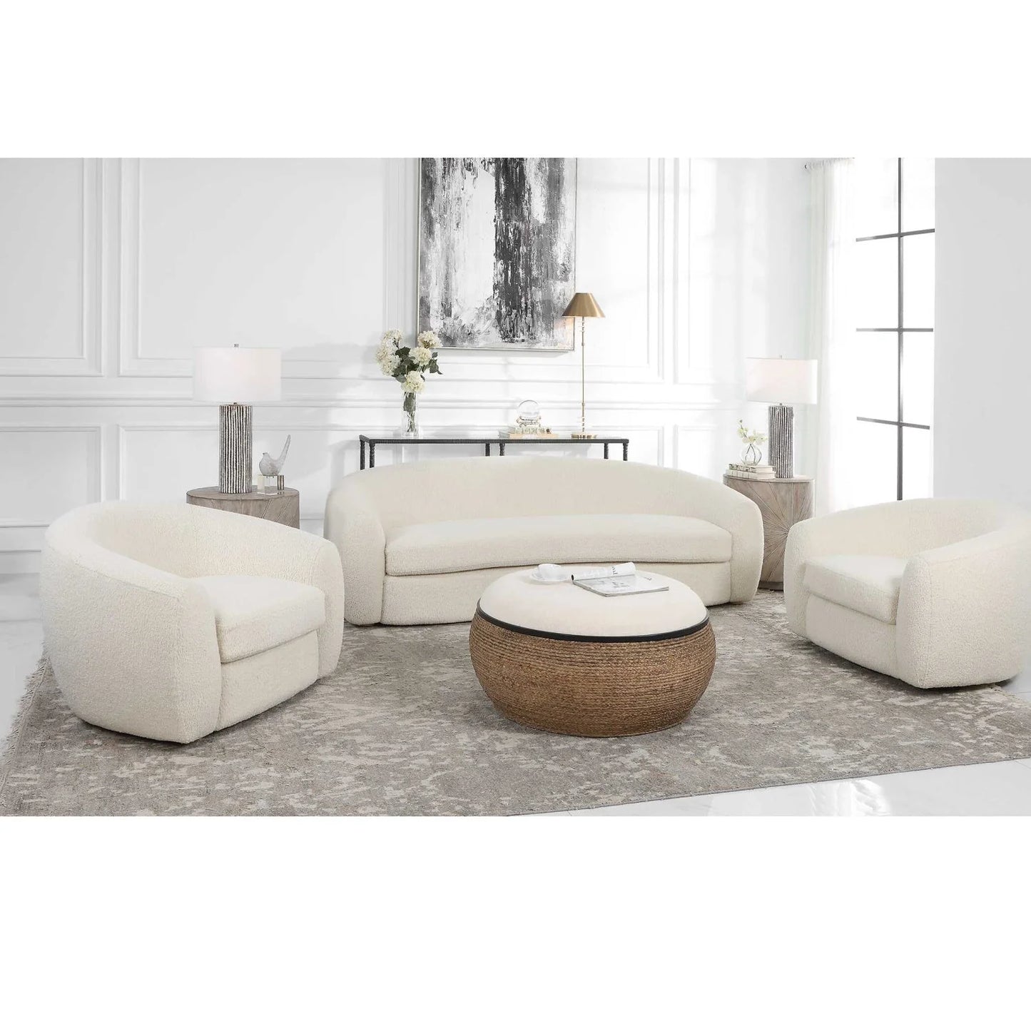Luxury White Curved Shearling Swivel Lounge Chair European Style for Villa