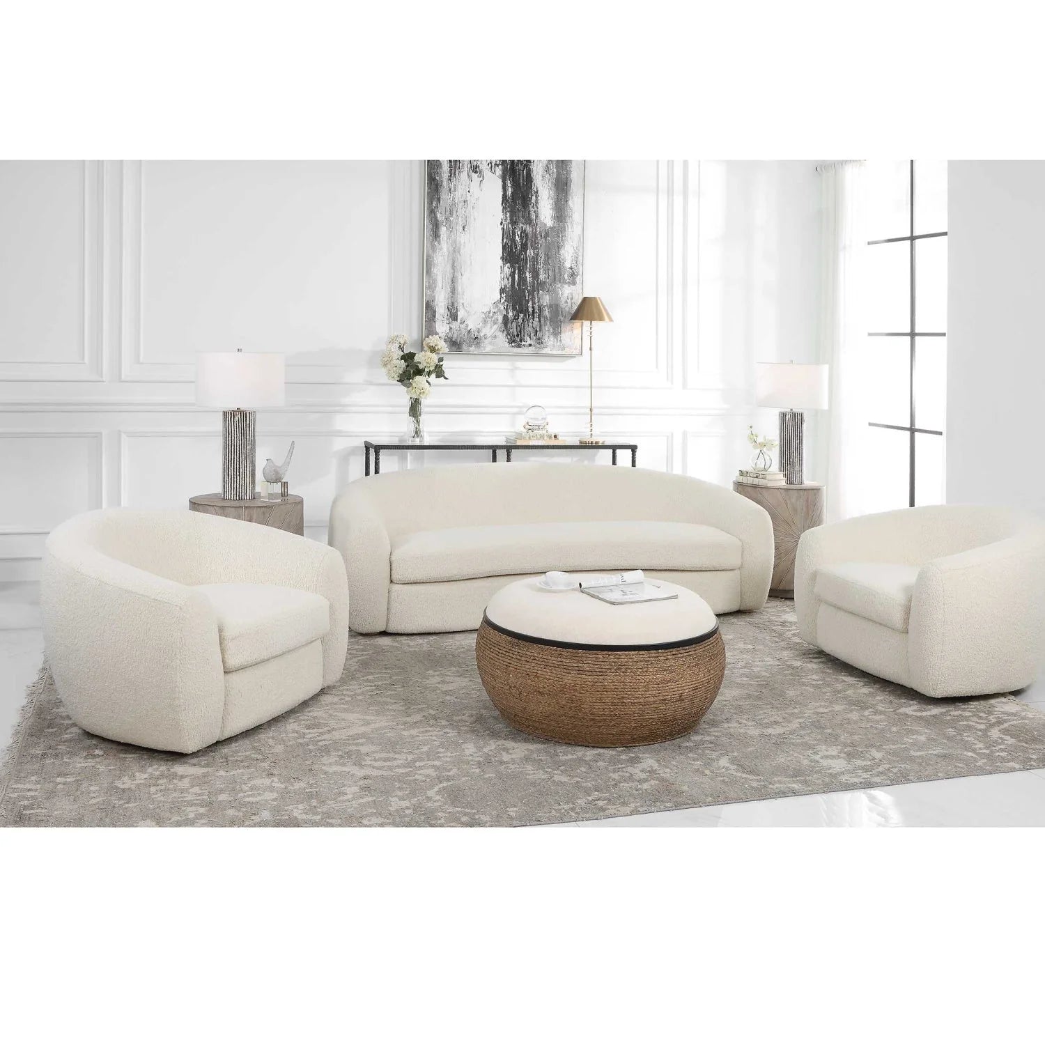 Luxury White Curved Shearling Swivel Lounge Chair European Style for Villa