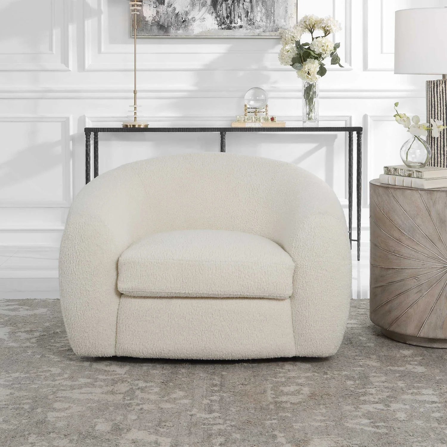 Luxury White Curved Shearling Swivel Lounge Chair European Style for Villa