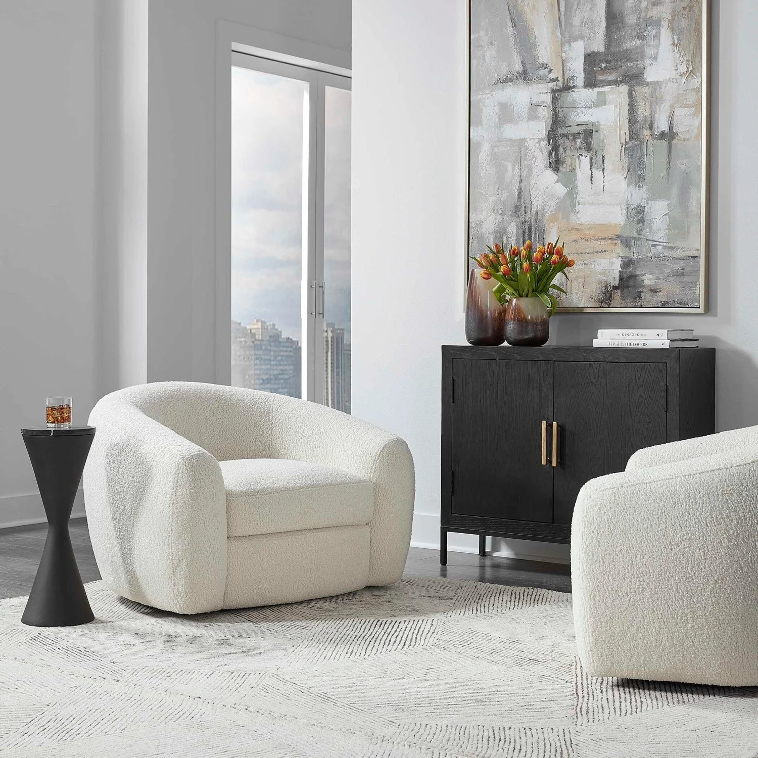 Luxury White Curved Shearling Swivel Lounge Chair European Style for Villa