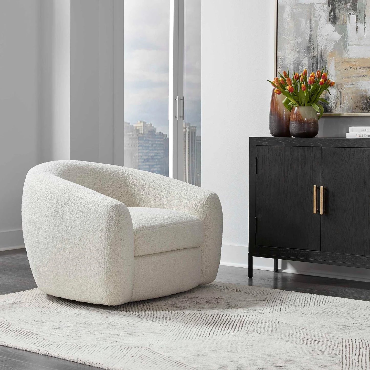Luxury White Curved Shearling Swivel Lounge Chair European Style for Villa