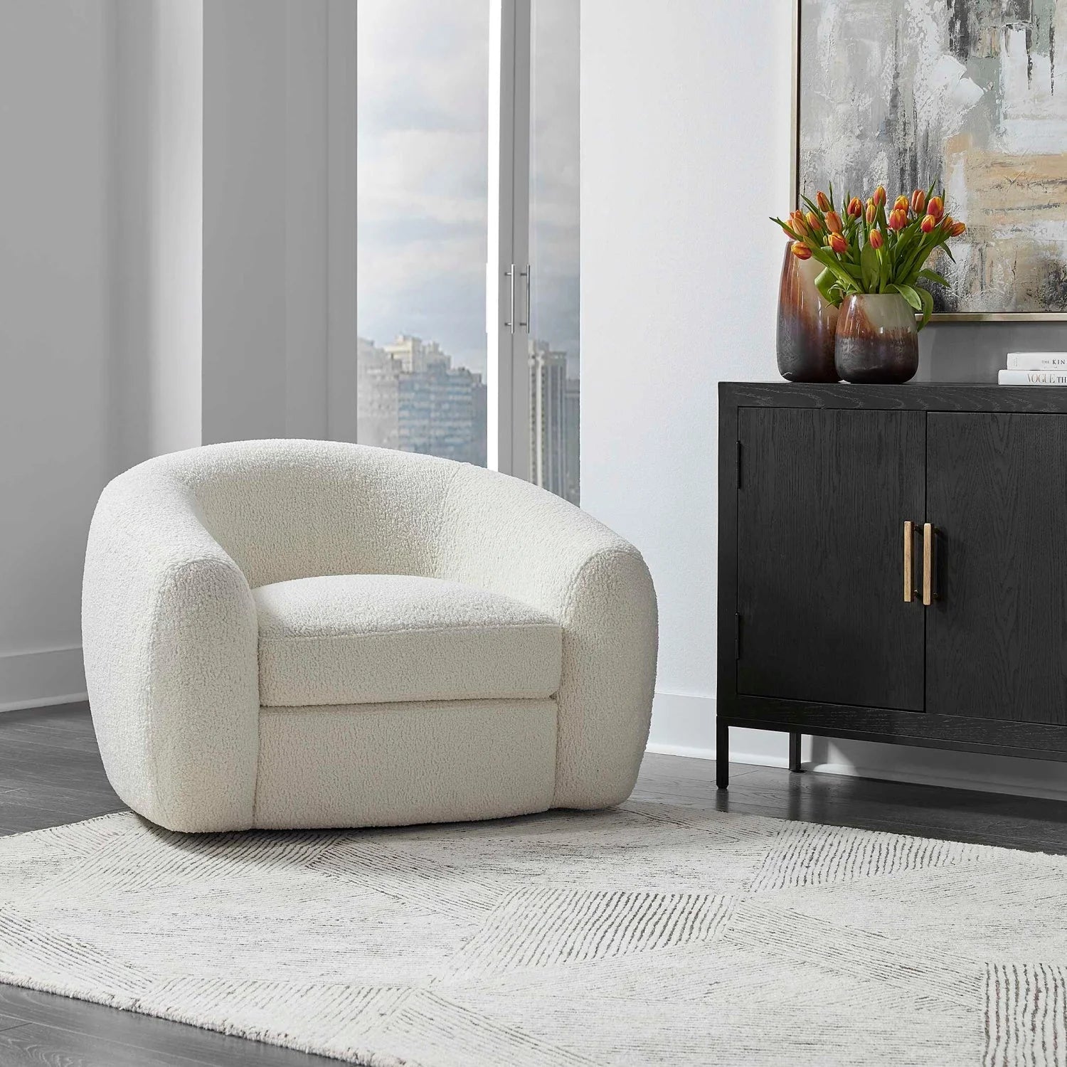 Luxury White Curved Shearling Swivel Lounge Chair European Style for Villa