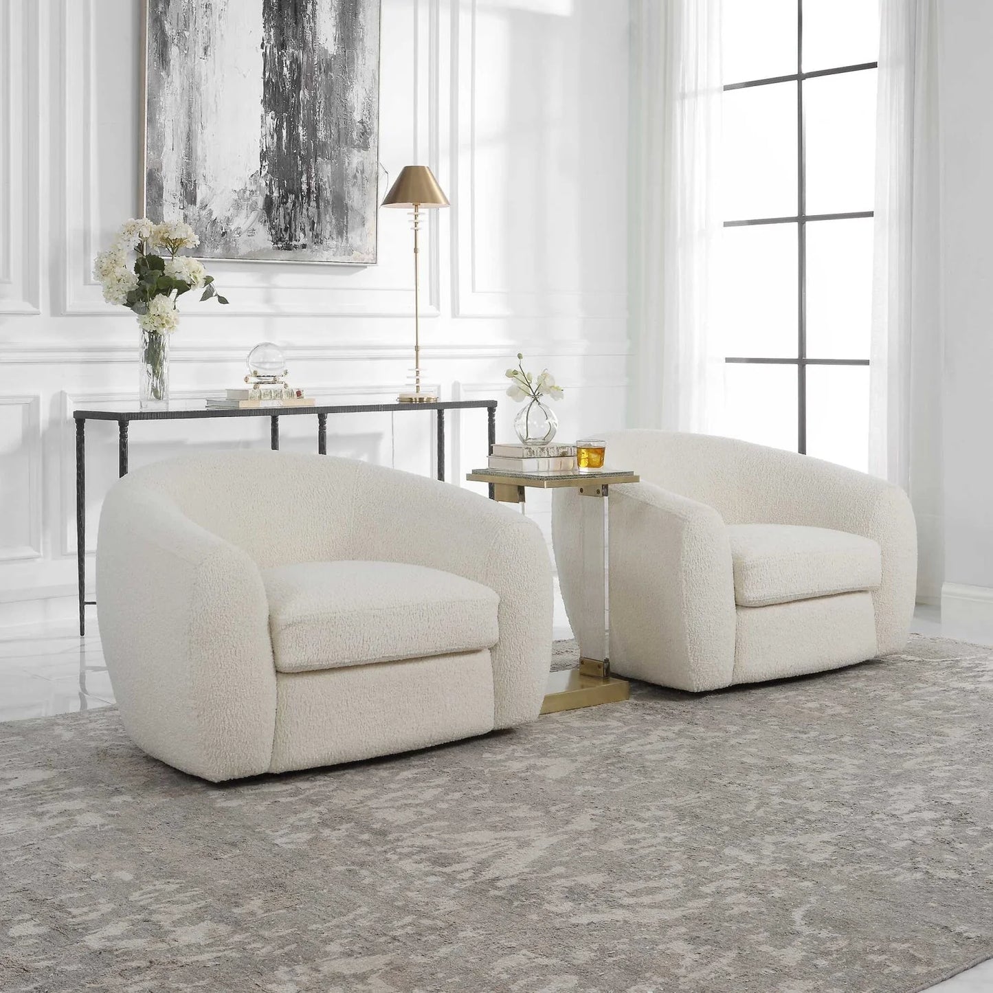 Luxury White Curved Shearling Swivel Lounge Chair European Style for Villa