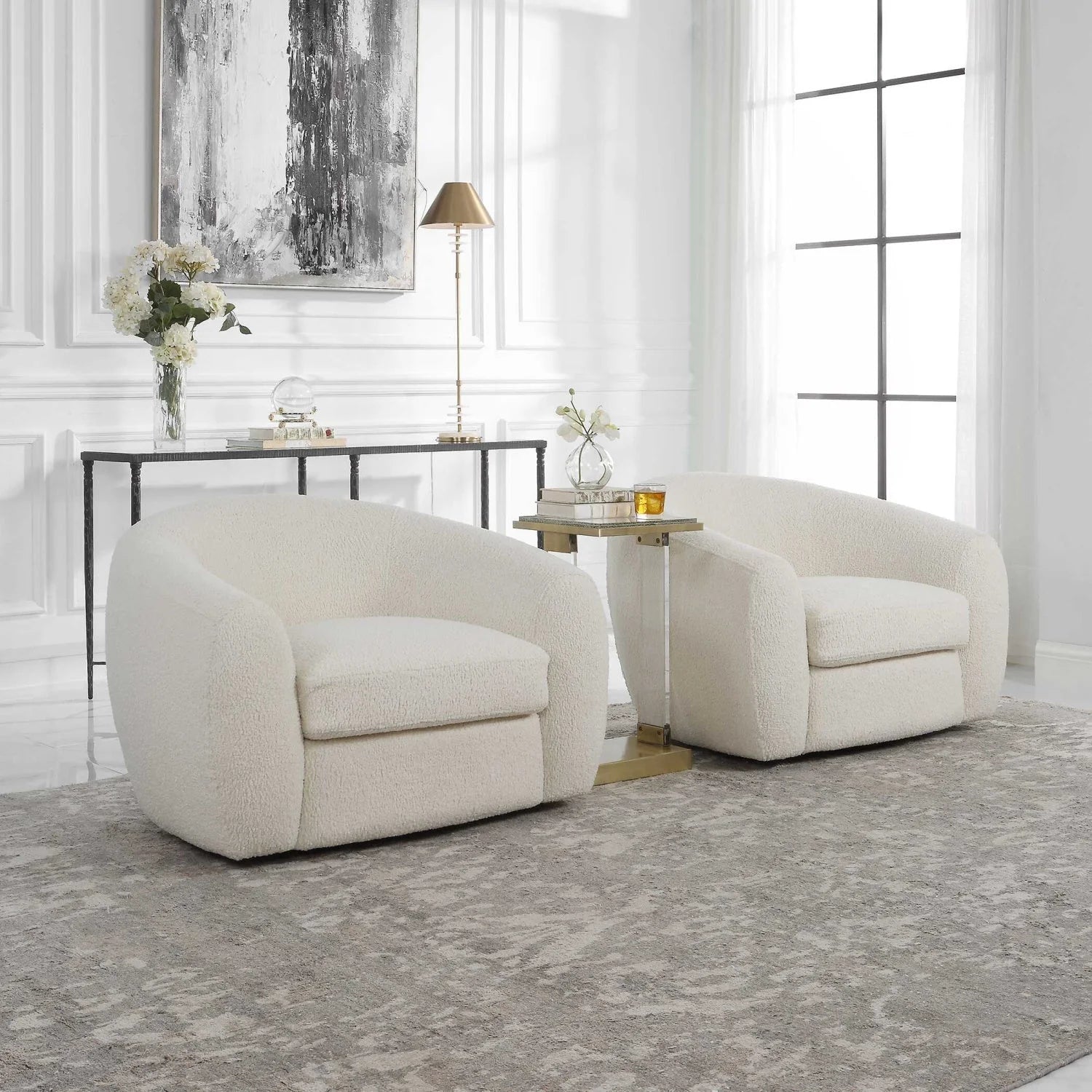 Luxury White Curved Shearling Swivel Lounge Chair European Style for Villa