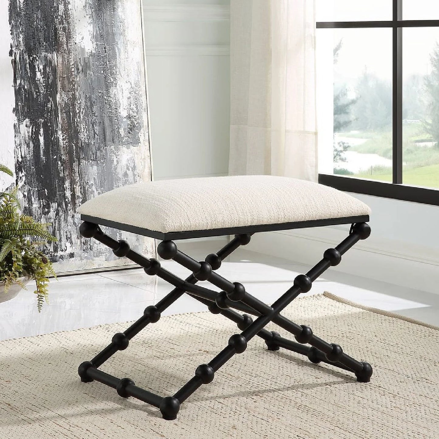 Luxury White Fabric Bubble Leg Bench European Style for Villa