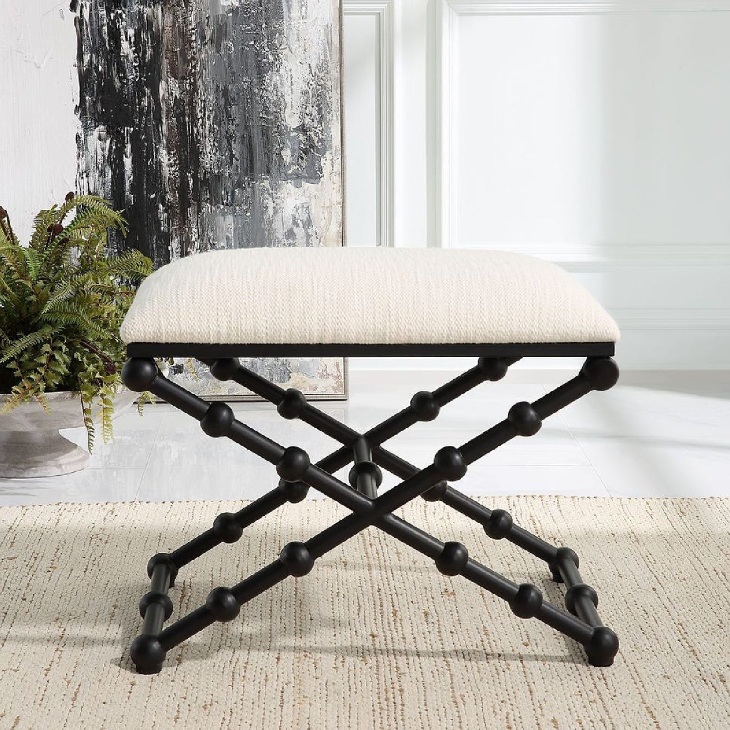 Luxury White Fabric Bubble Leg Bench European Style for Villa
