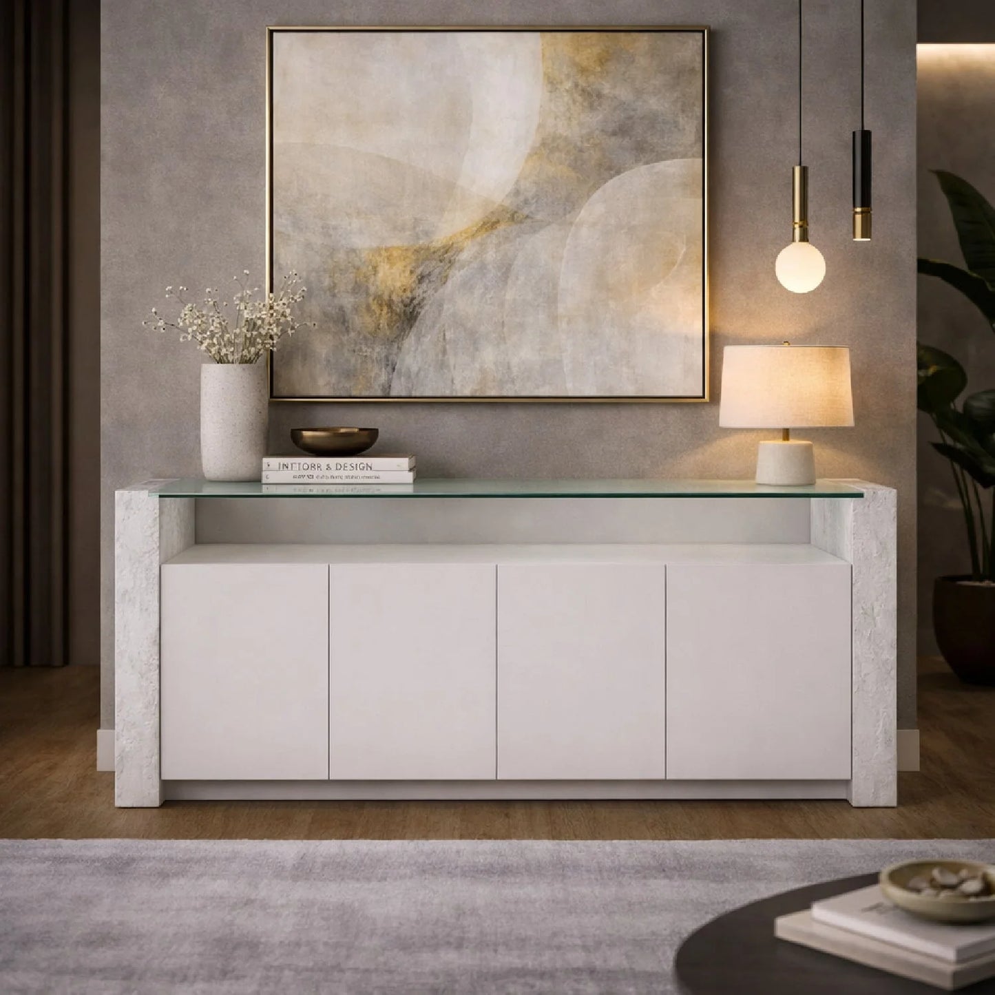 Luxury White Fiberglass Sideboard European Style for Villa