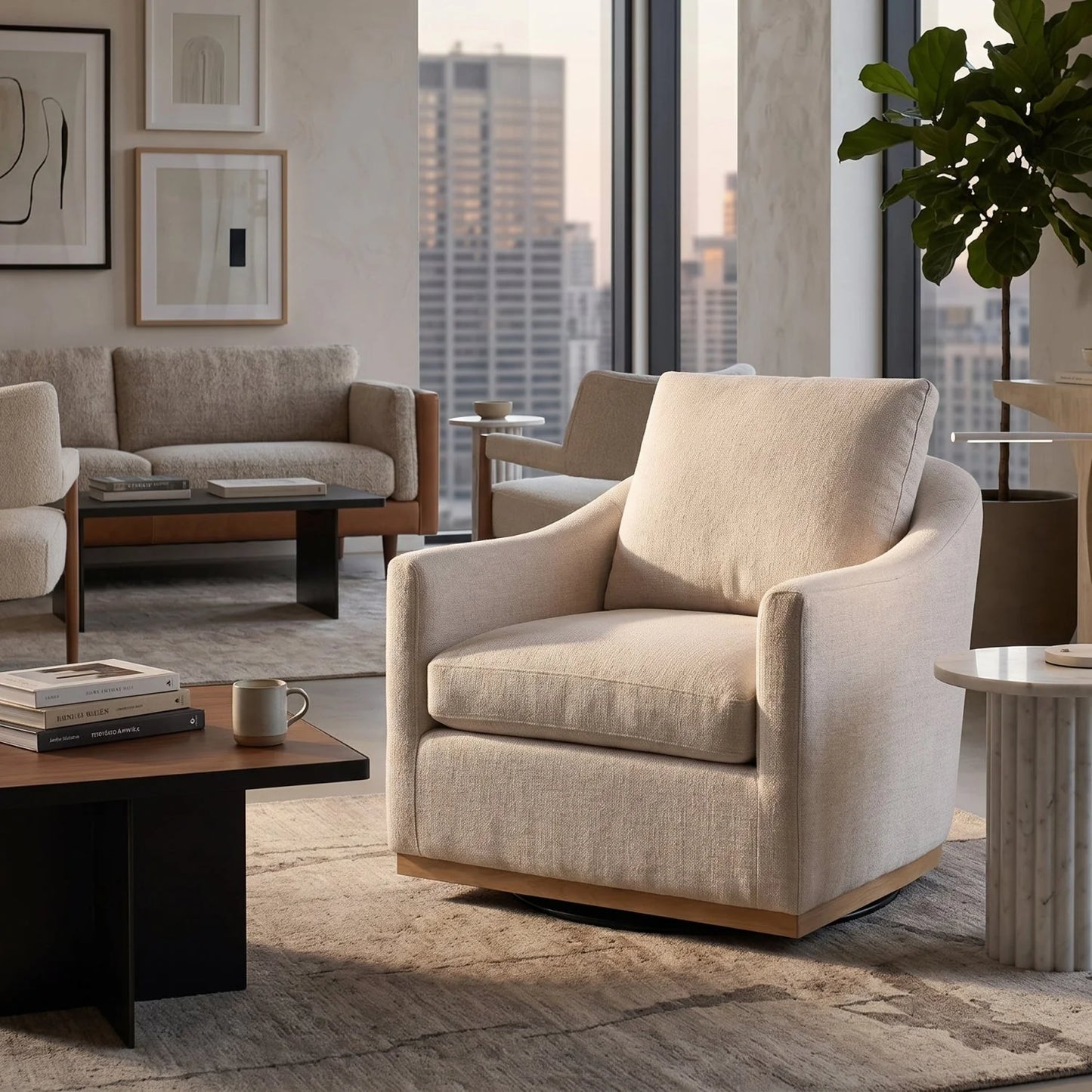 Luxury White Linen Swivel Lounge Chair Modern Italian Style for Villa