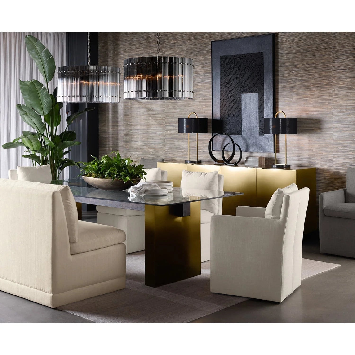 Luxury White Linen Wheeled Dining Chair European Style for Villa